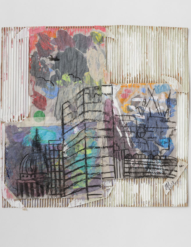 Corrugated City Acrylic, builder's paint, recycled palette papers, charcoal, masking tape, corrugated cardboard packaging 48 x 49 x 0.1