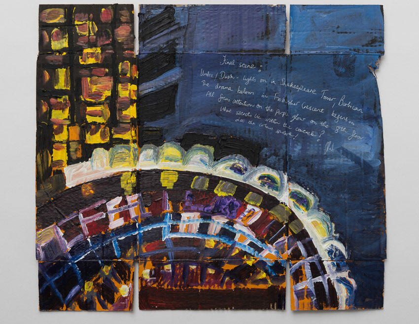 Final Act! (Barbican at Night) Acrylic on recycled cardboard box from Umbra Wine 48 x 54 x 0.5