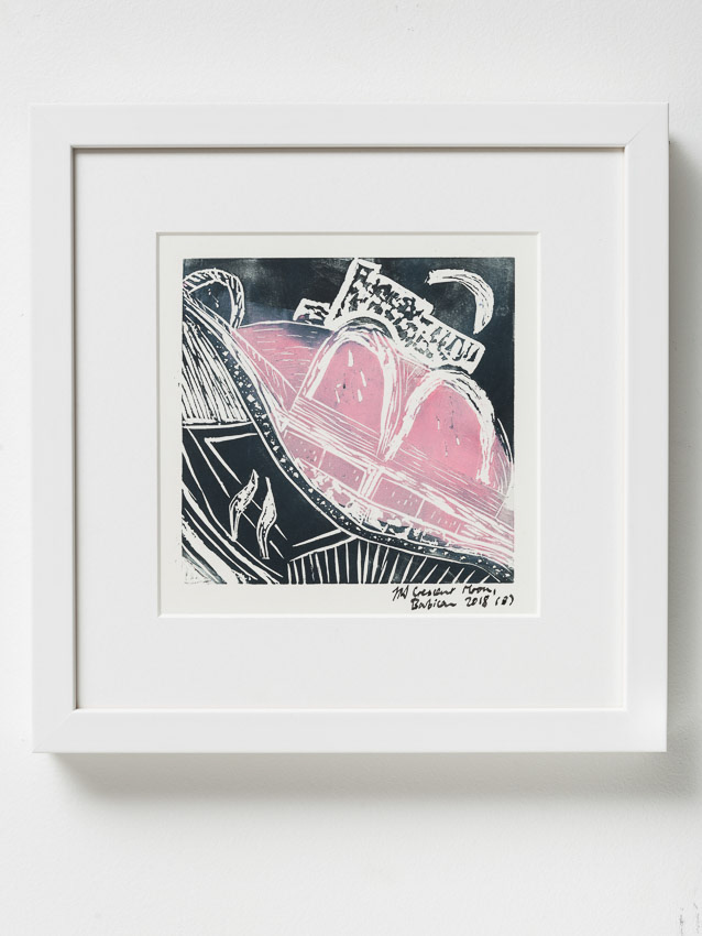 Crescent Moon Over the Barbican Lino cut/ mono print 25 x 25 x 4