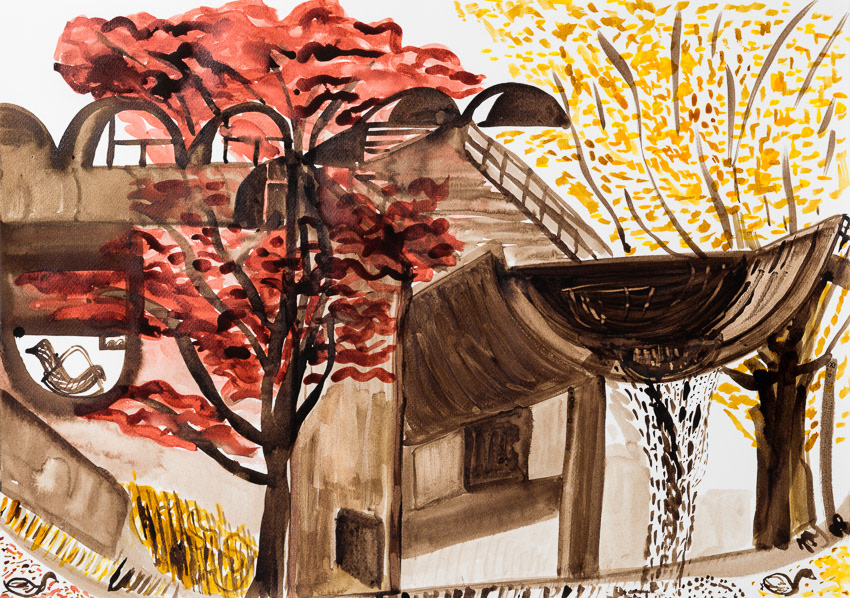 Brutal Water feature, Autumn Walnut and watercolour on Fabriano 50 x 70