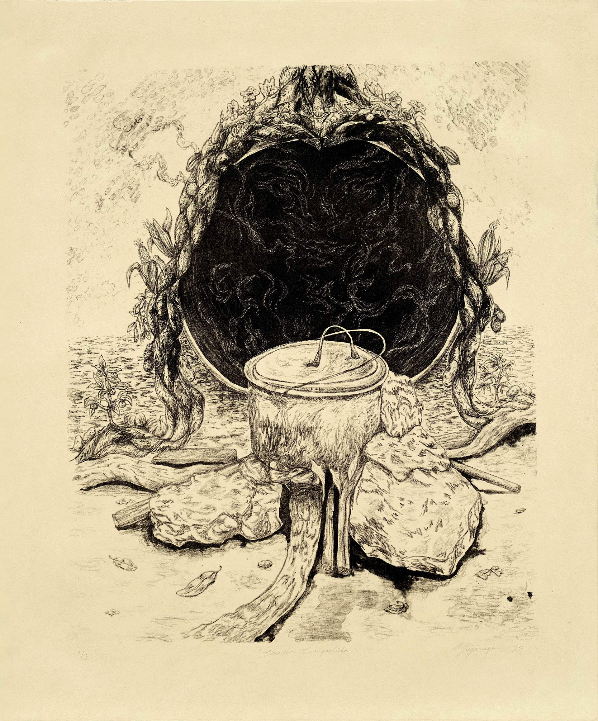 2024, La Comida Compartida, 18" x 24", Stone Lithograph on Handmade Paper