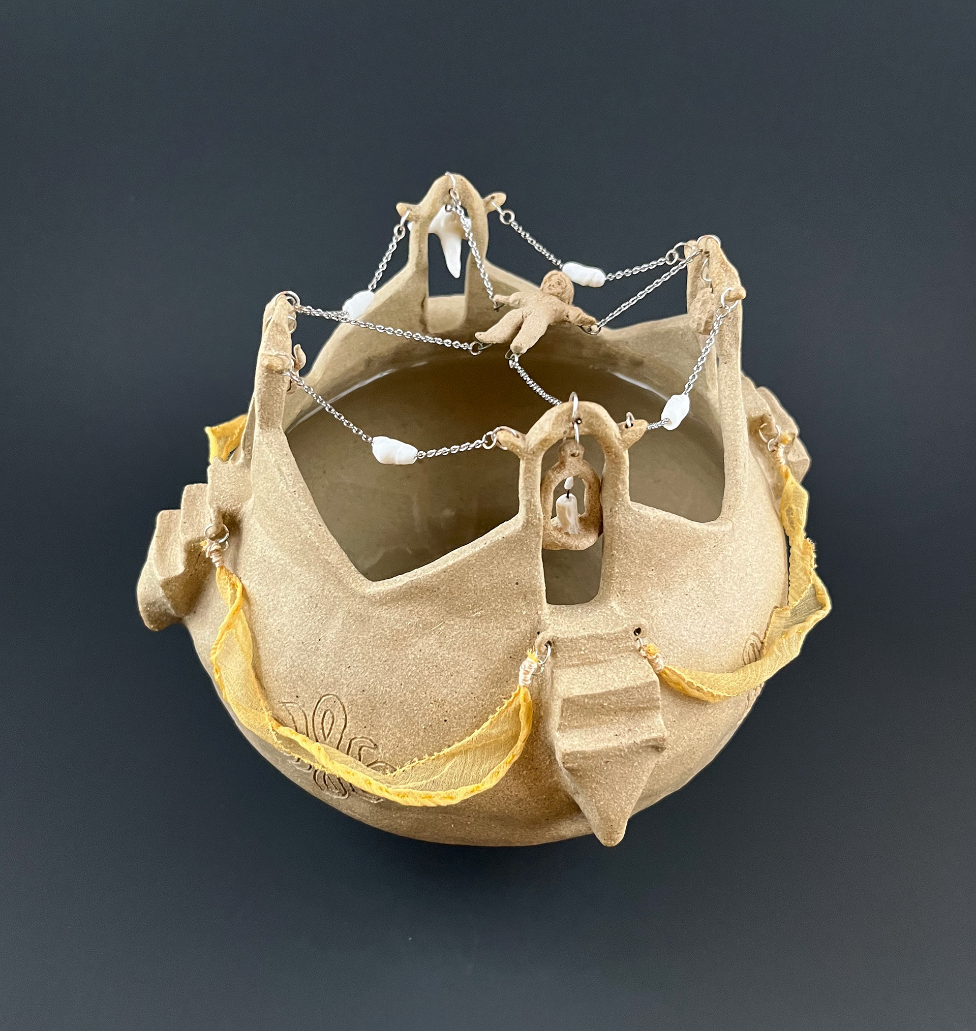 2026, A Meeting Place (top view), 7" x 6.5" x 6.5", ceramic, porcelain, silk, steel
