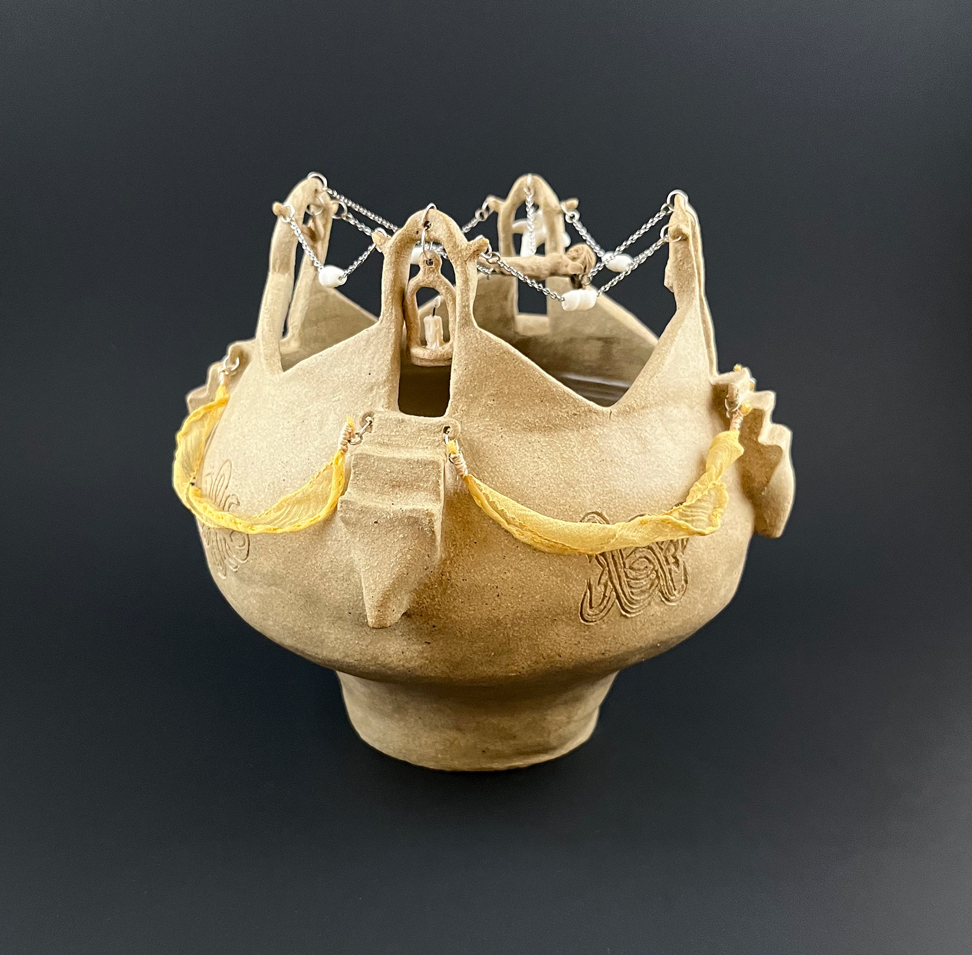 2026, A Meeting Place (side view), 7" x 6.5" x 6.5", ceramic, porcelain, silk, steel
