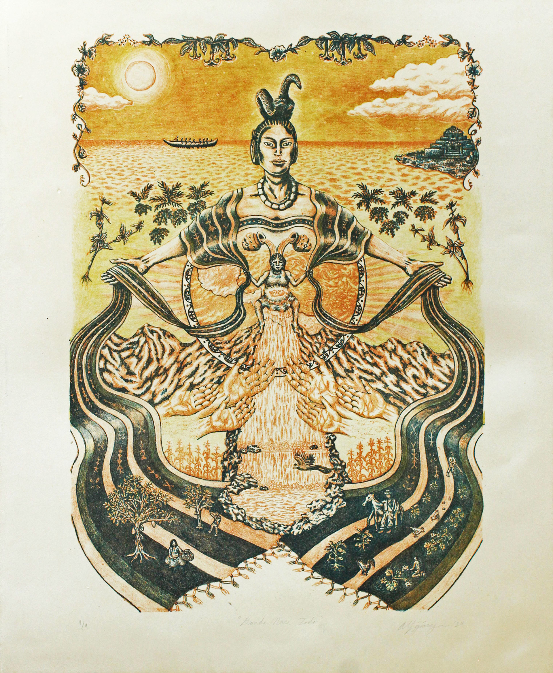2024, Donde Nace Todo #2, 20" x 16.5", 3 layer - 3 color Lithograph on handmade paper