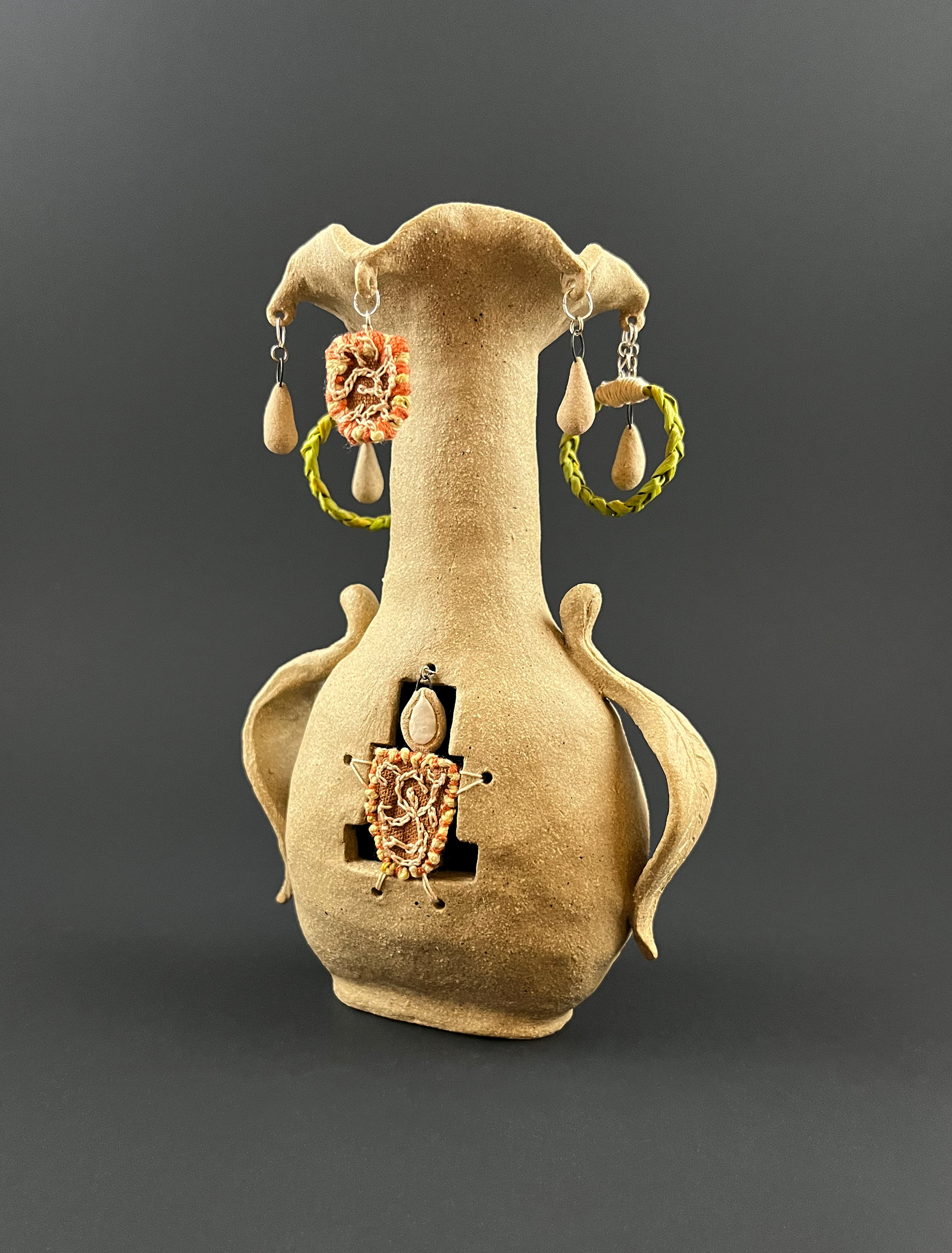 2026, Las Semillas, 7" x 3.5" x 3", ceramic, linen, cotton, grass, and steel
