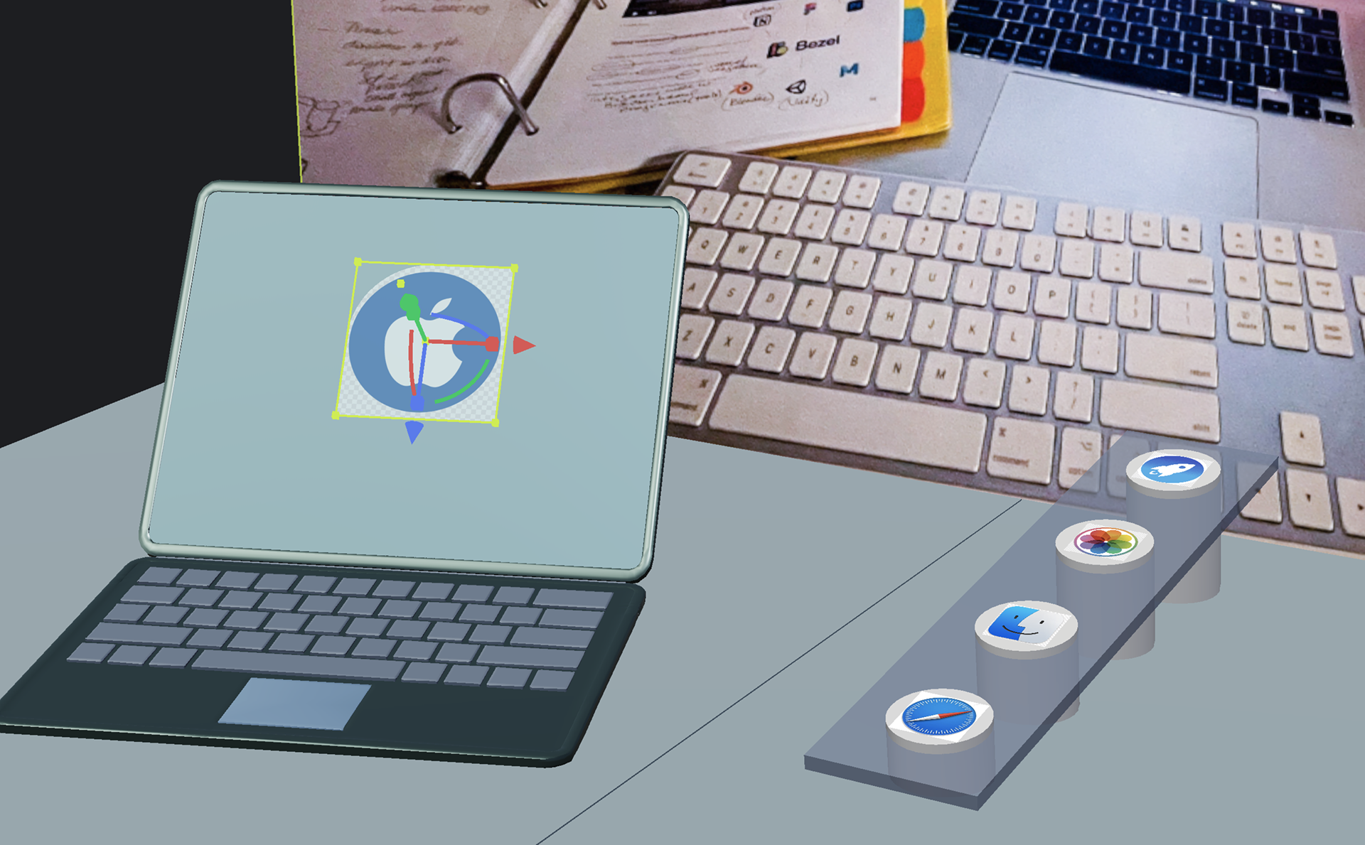 Used Command B search image import for Apple Logo. Set it to laptop display. Cropped circle using rounded corner as a workaround.