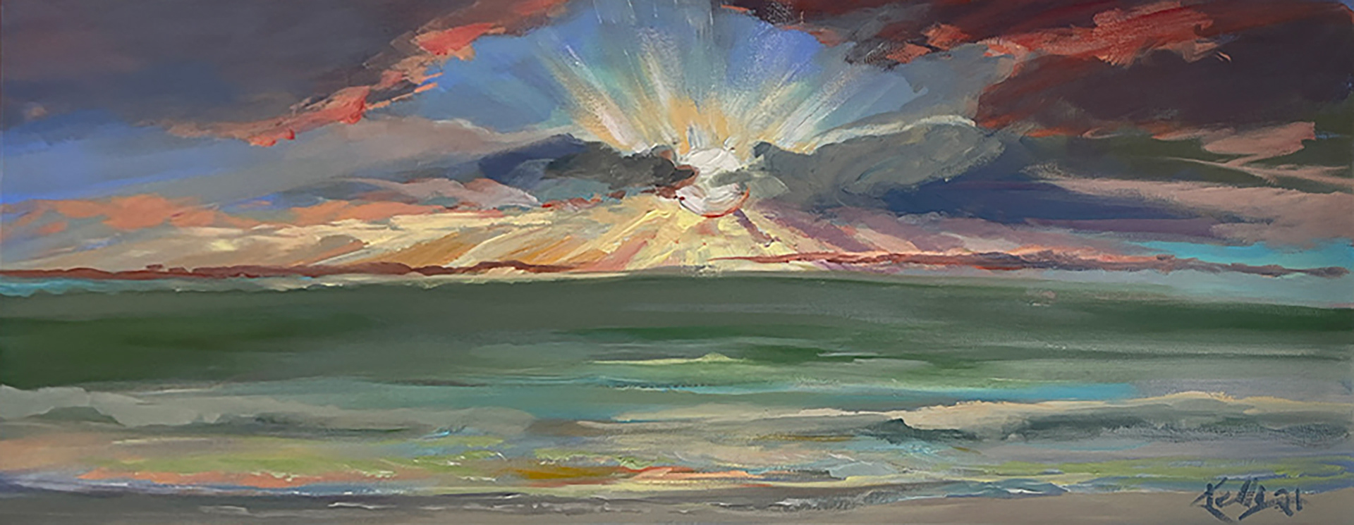 Siesta Key Sunset with Clouds | Acrylic on Canvas | Dimensions 16" h x 40" w | © Kathleen Sienna Kelly 2021