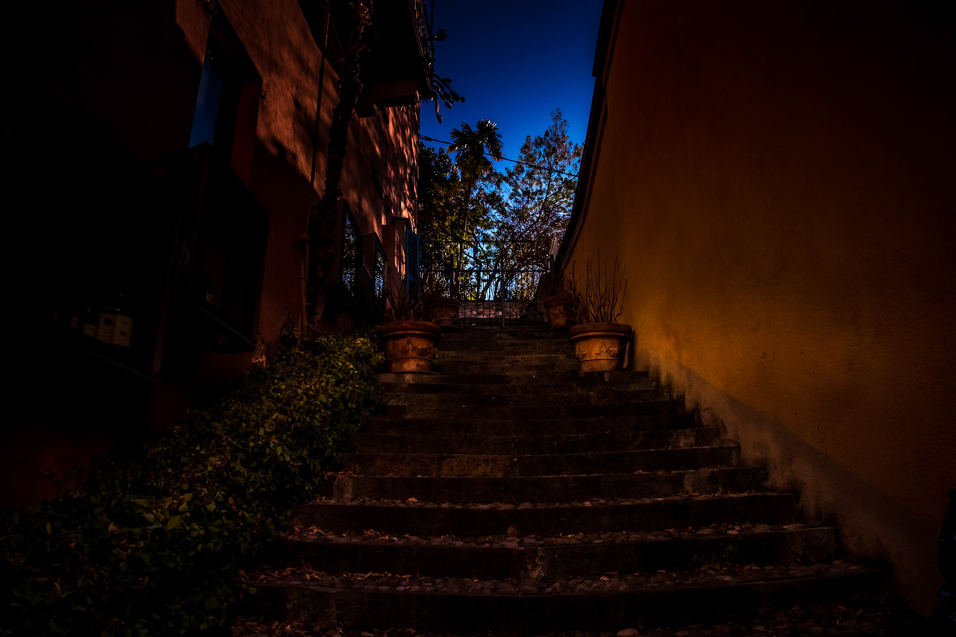 Stairs heading to home as the sun sets
