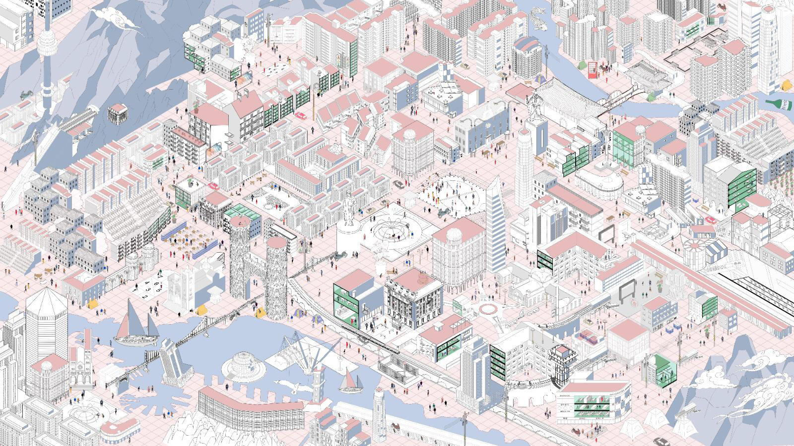 students drawing | Beyond the Inevitable: Seoul and Genova | Hanyang University, So Young Kim with University of Genova, Christiano Lepratti | Future School | Biennale di Venezia | tutor with Mingyu Lee and Duccio Prassoli | drawings from student's work | photographs by Mingyu Lee | nov2021