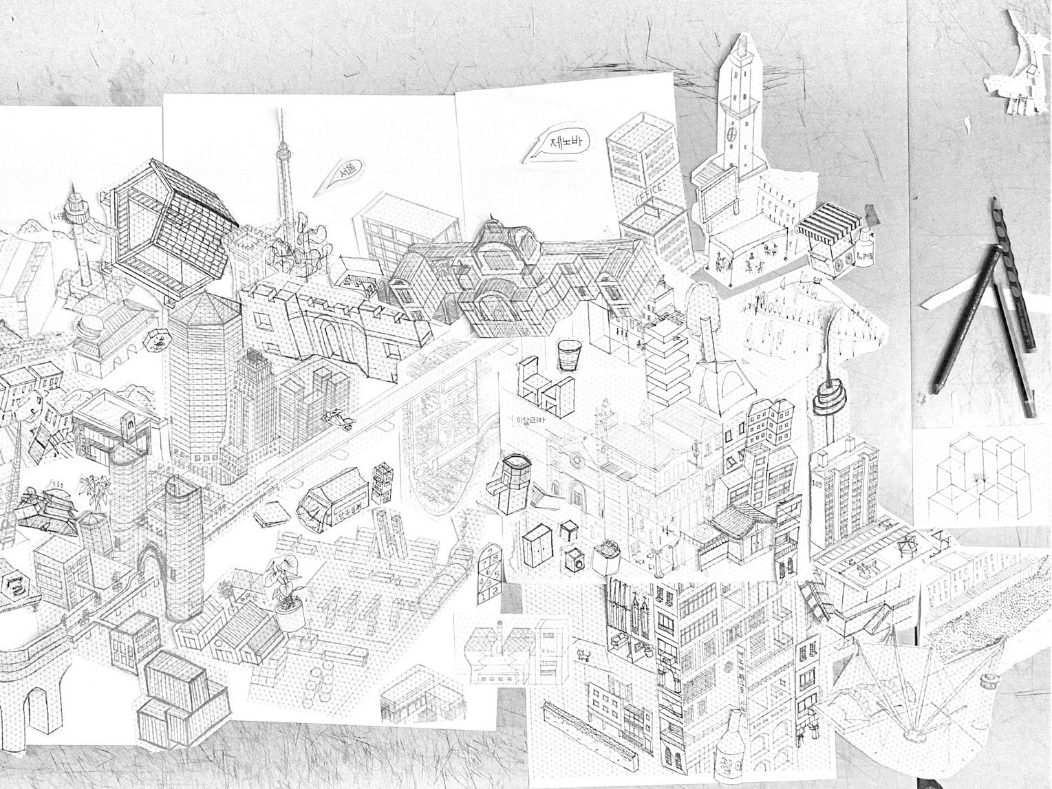 Beyond the Inevitable: Seoul and Genova | Hanyang University, So Young Kim with University of Genova, Christiano Lepratti | Future School | Biennale di Venezia | tutor with Mingyu Lee and Duccio Prassoli | drawings from student's work | photographs by Mingyu Lee | nov2021