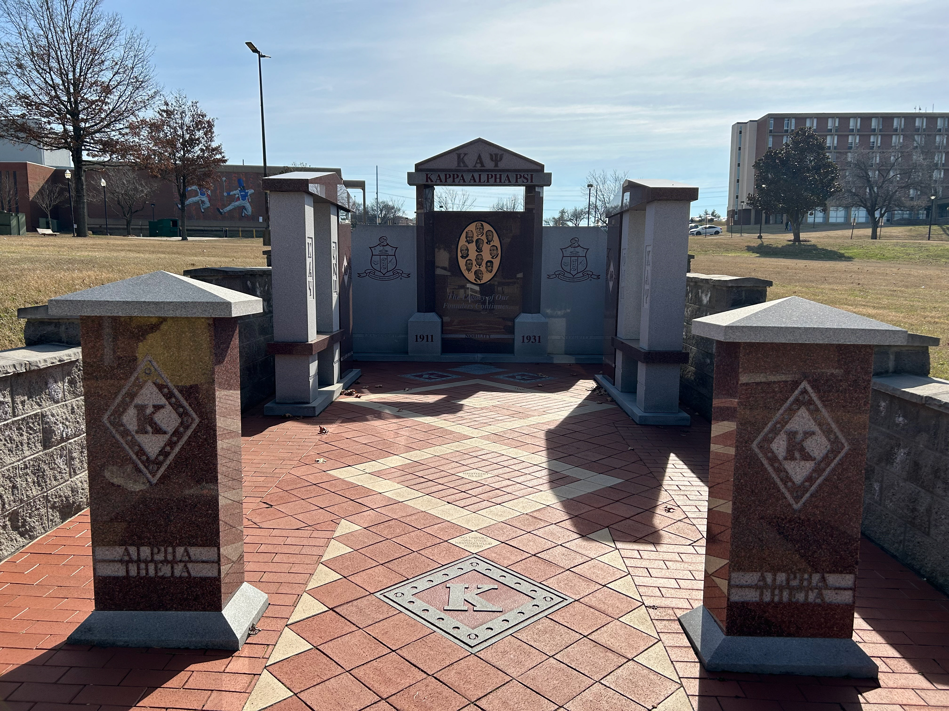 A fraternity monument on Greek Row.