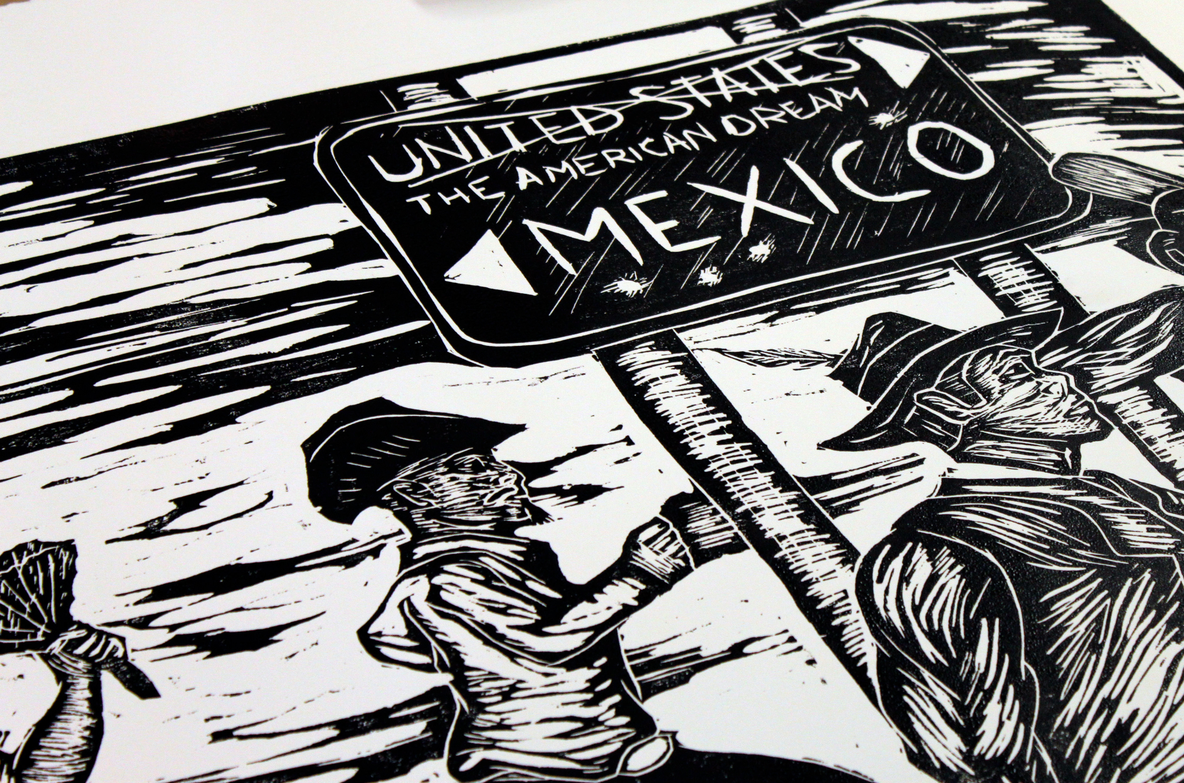 "Chasing the American Dream" | Woodcut | 4'x8'' (detail))