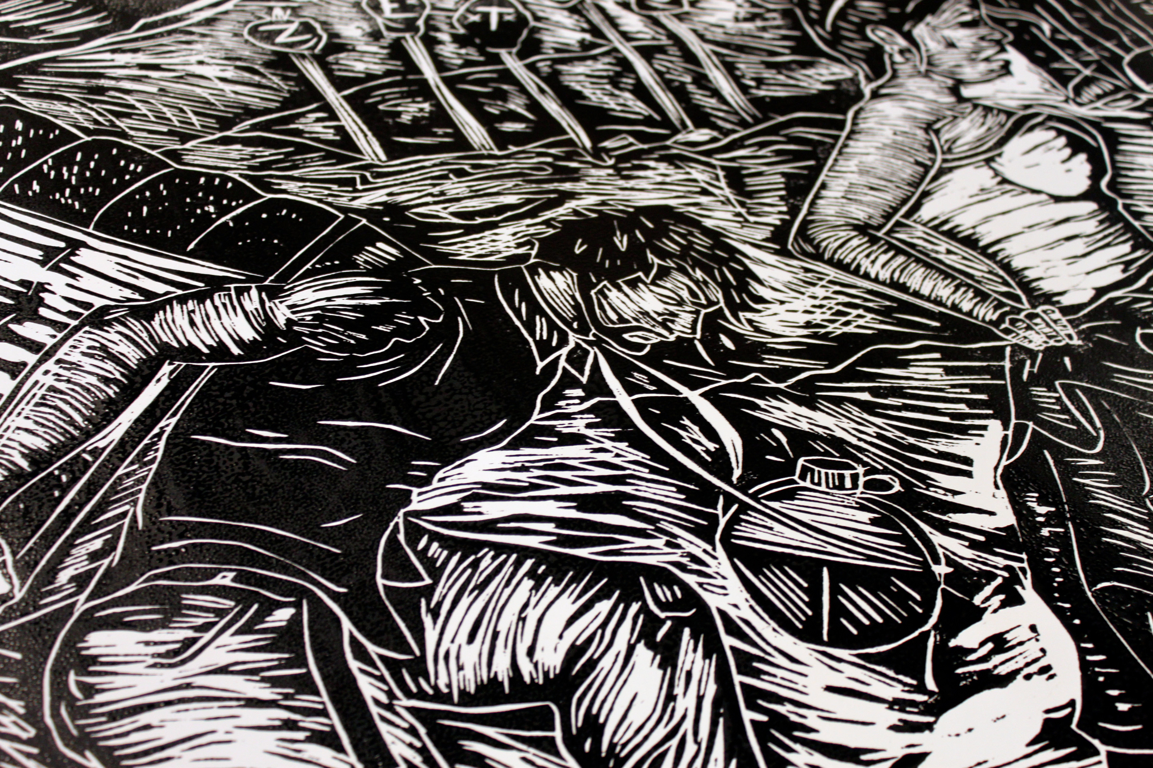 "Chasing the American Dream" | Woodcut | 4'x8'' (detail))