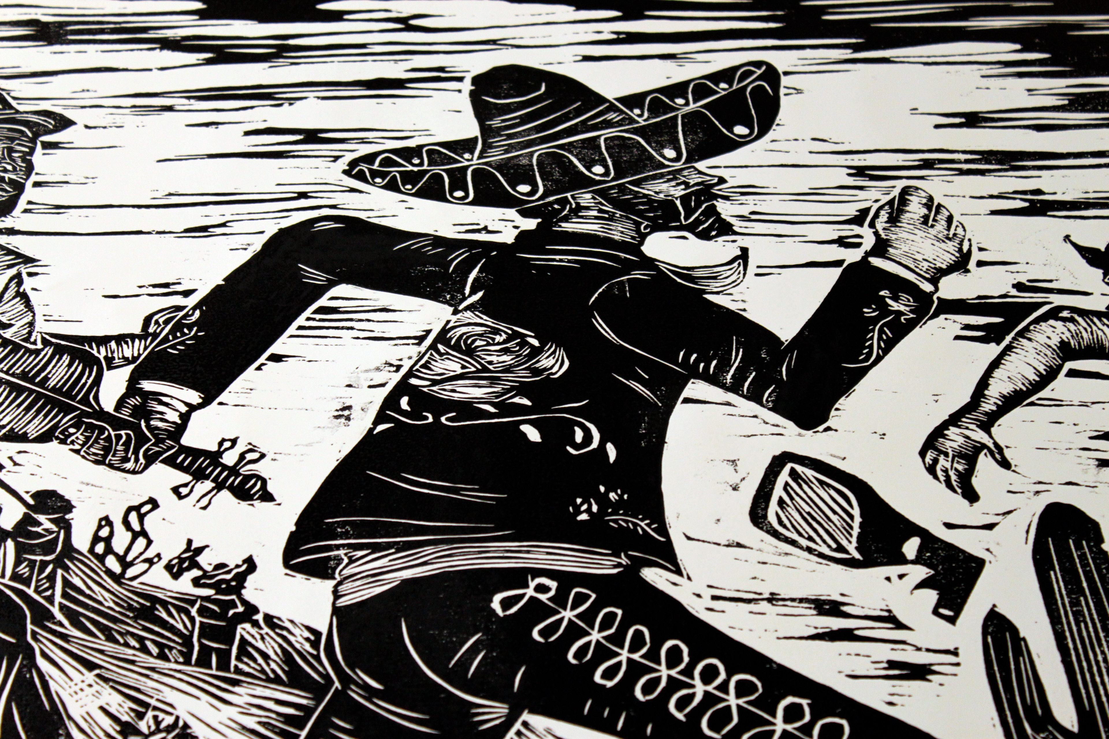 "Chasing the American Dream" | Woodcut | 4'x8'' (detail))