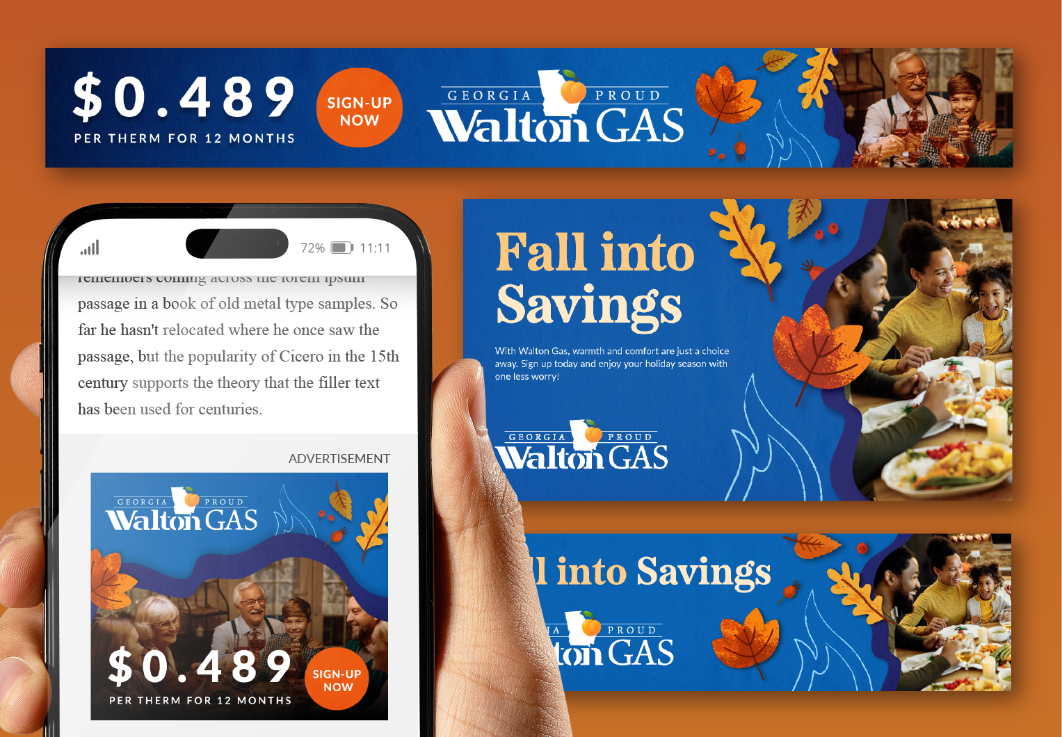 Multi-channel seasonal campaign featuring display, mailer, and digital billboard creative