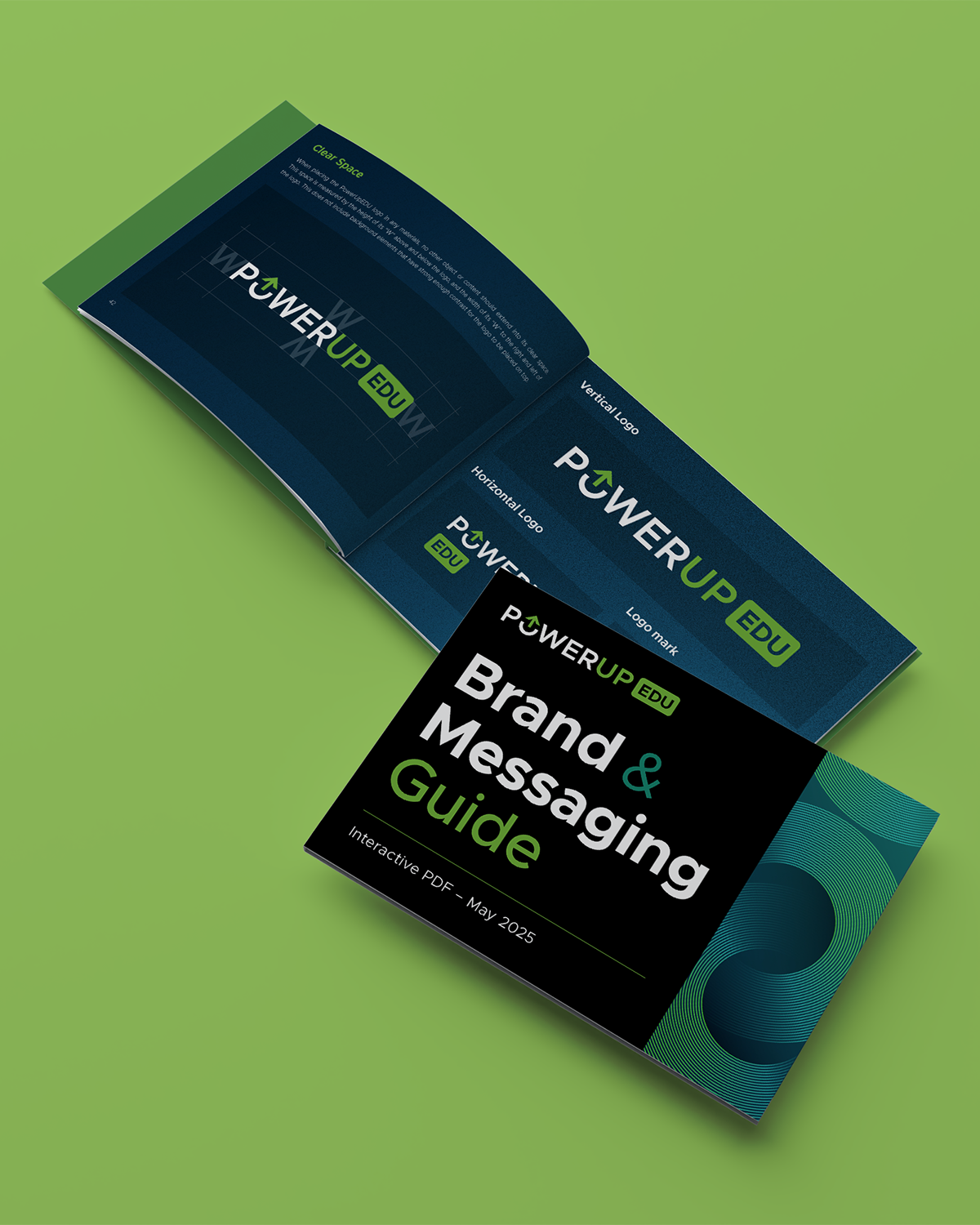 Designed brand guide with graphic patterns and illustrations.