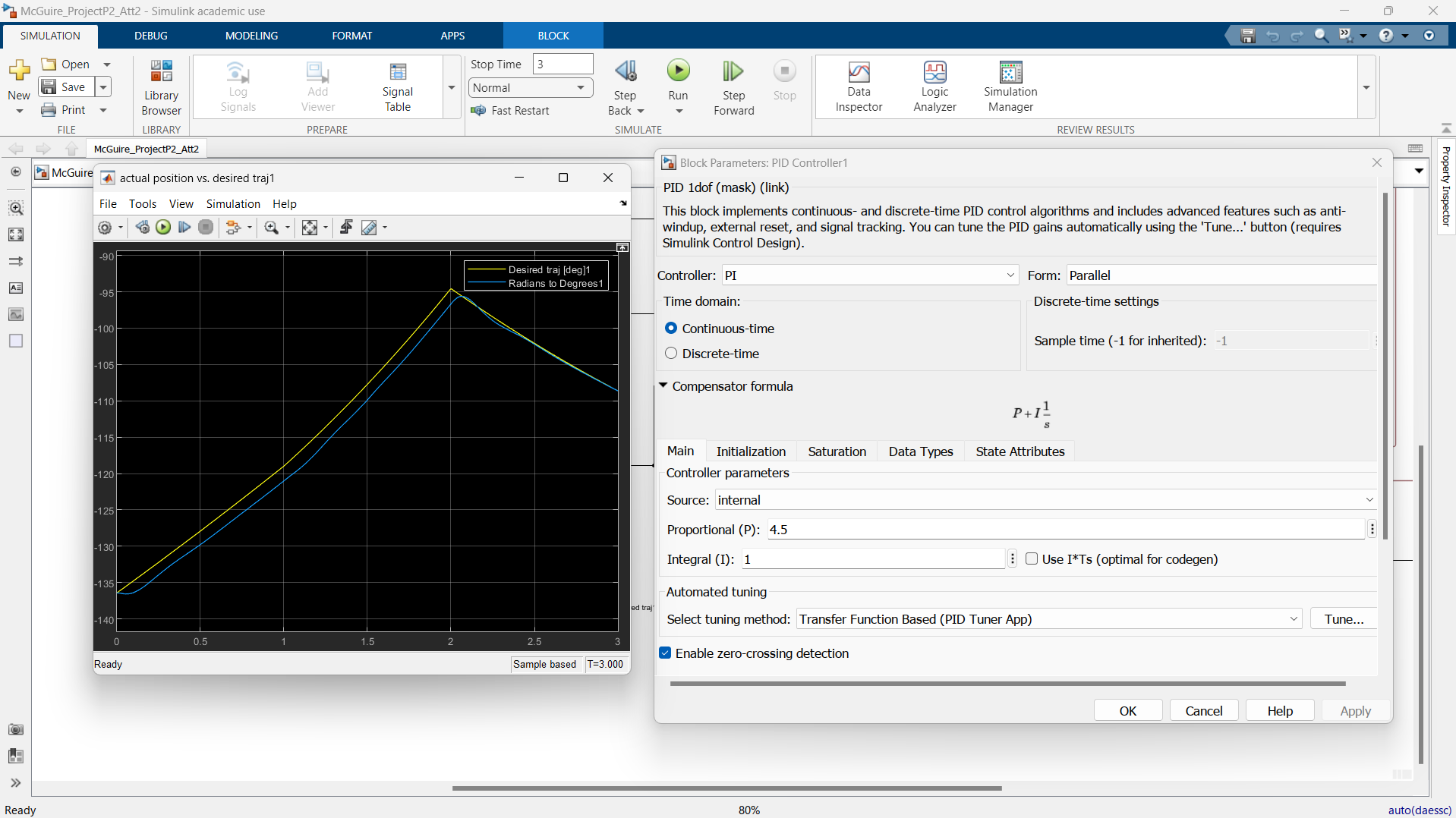 Actual vs. Desired Trajectory for Link 2 (theta vs. time)