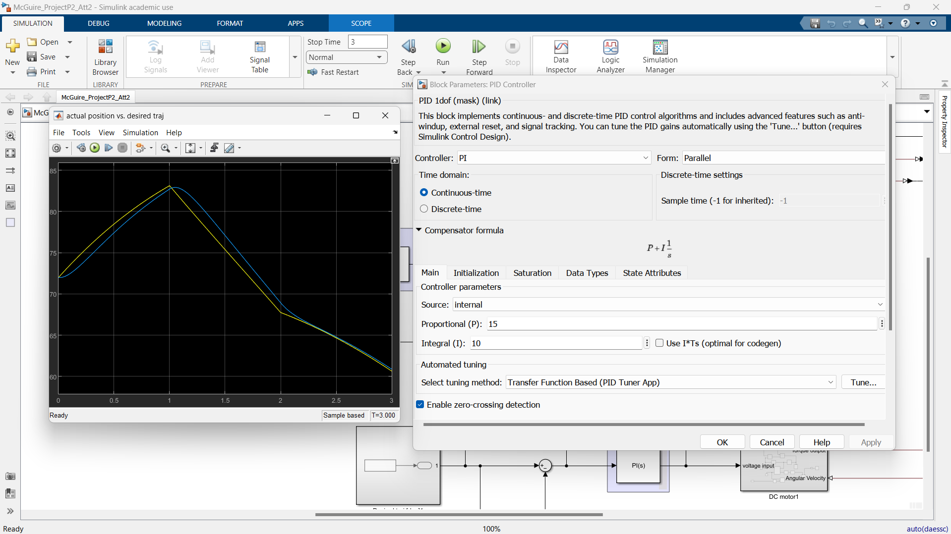 Actual vs. Desired Trajectory for Link 1 (theta vs. time)