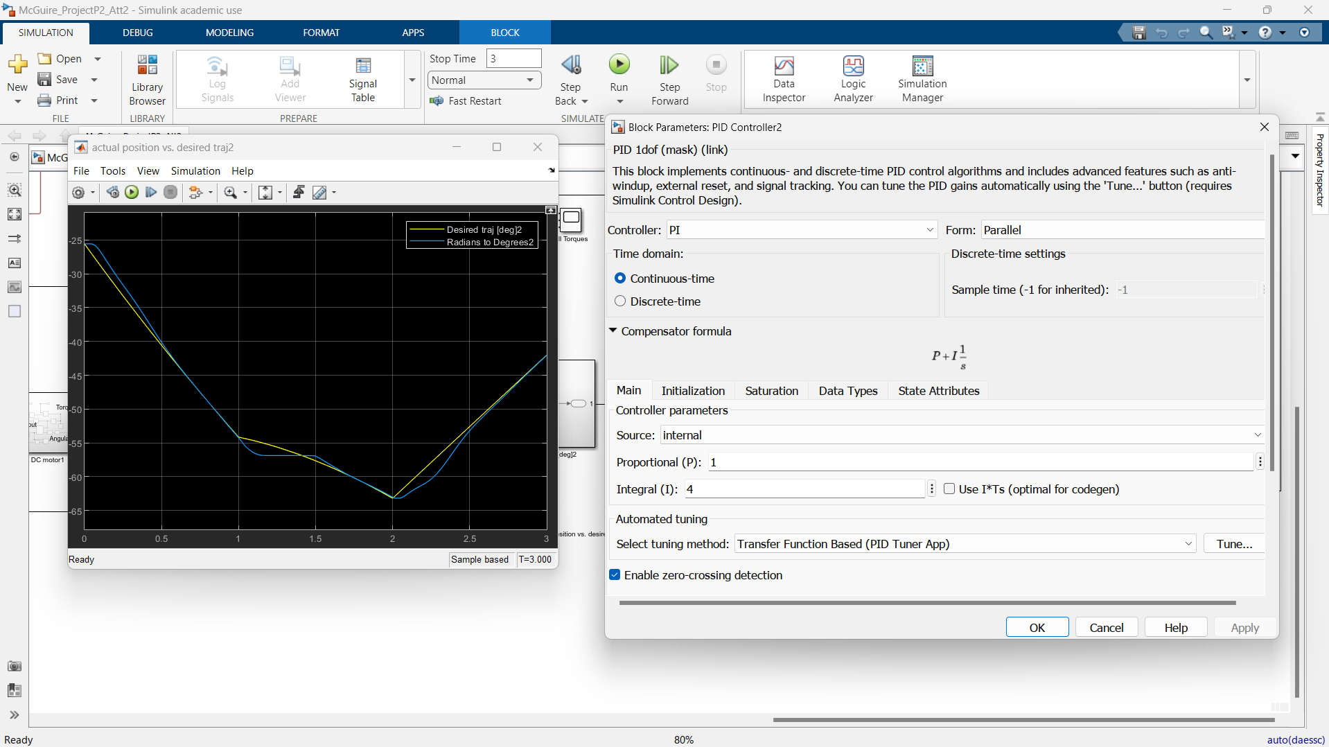Actual vs. Desired Trajectory for Link 3 (theta vs. time)