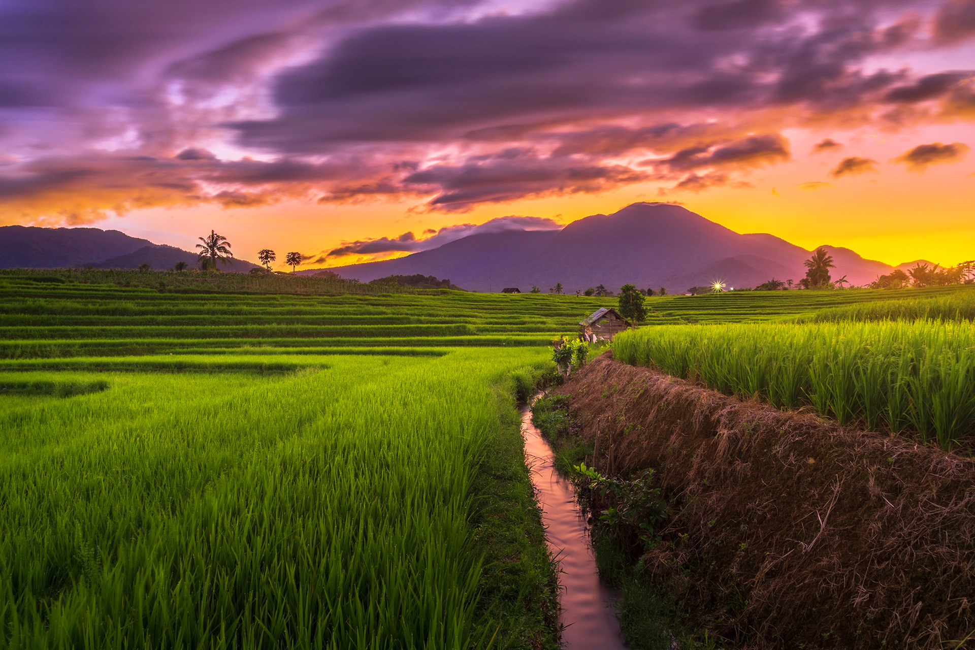 The view of the morning sunrise in the village of Kemumu, with the sky turning red over the mountain ranges.