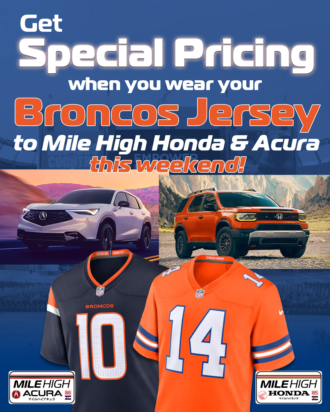 Social Media Post promoting special offer aligned with Broncos Playoff Pride