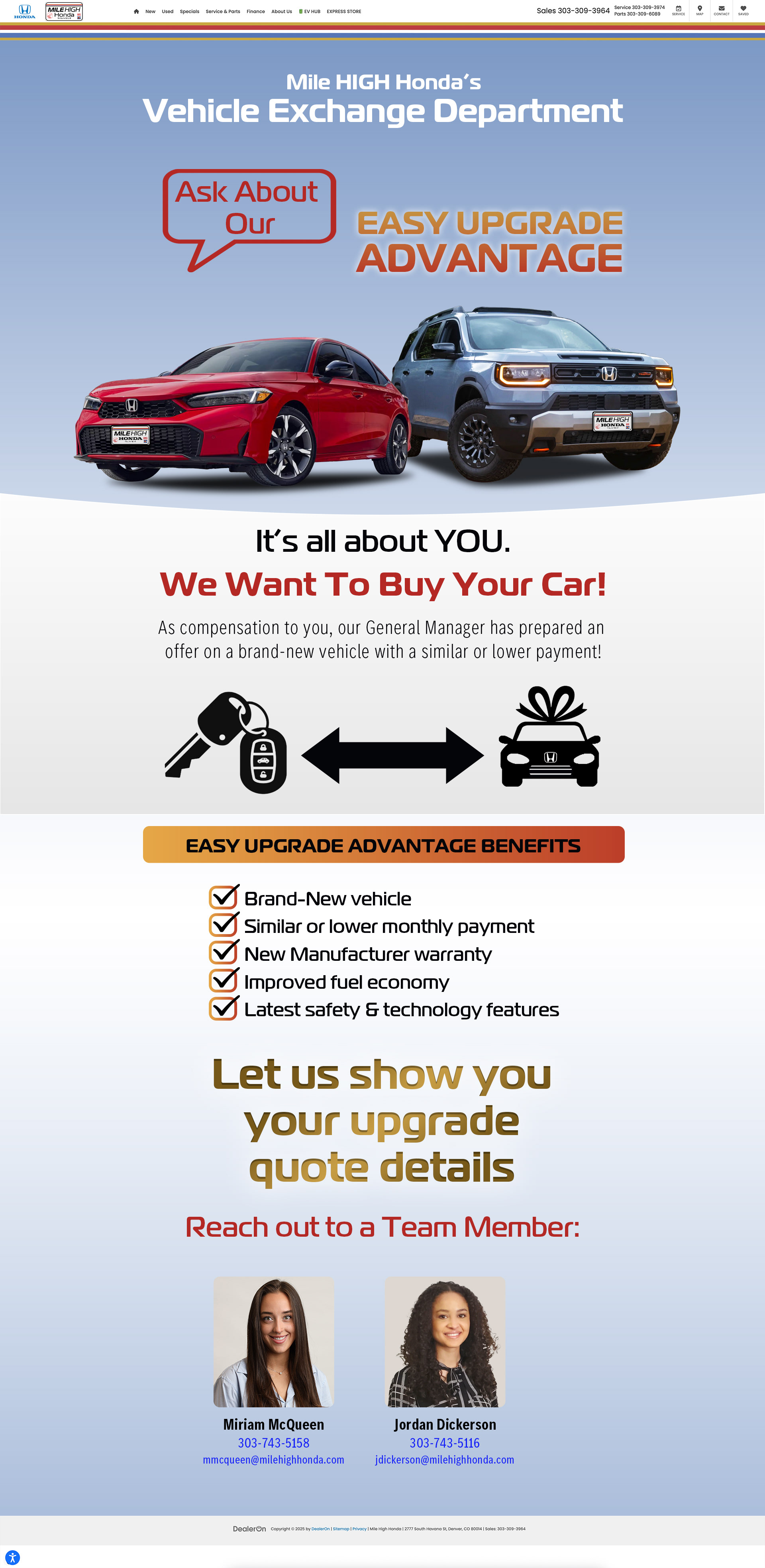 Mile High Honda Vehicle Exchange Department Web Page