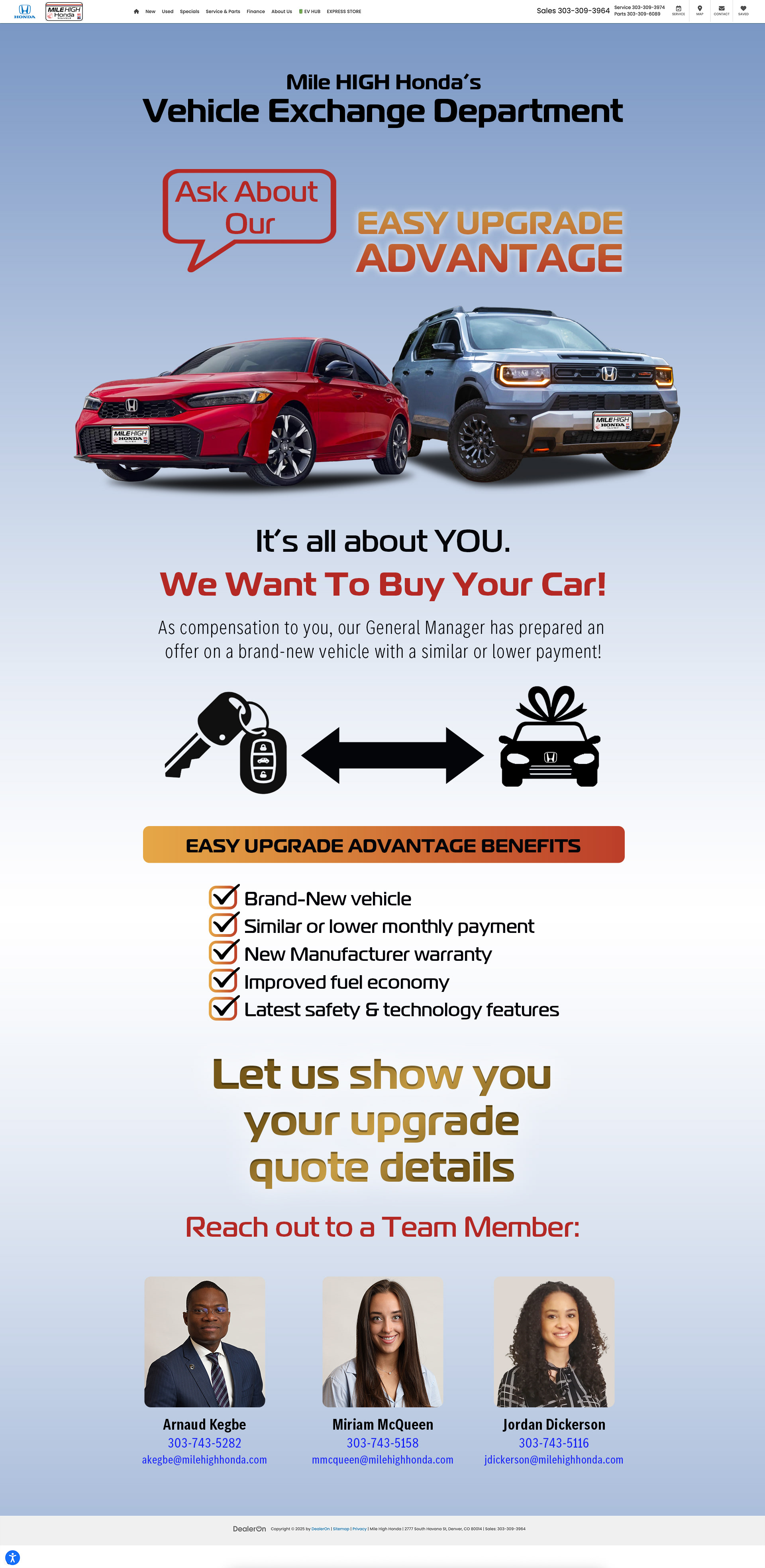 Mile High Honda Vehicle Exchange Department Web Page