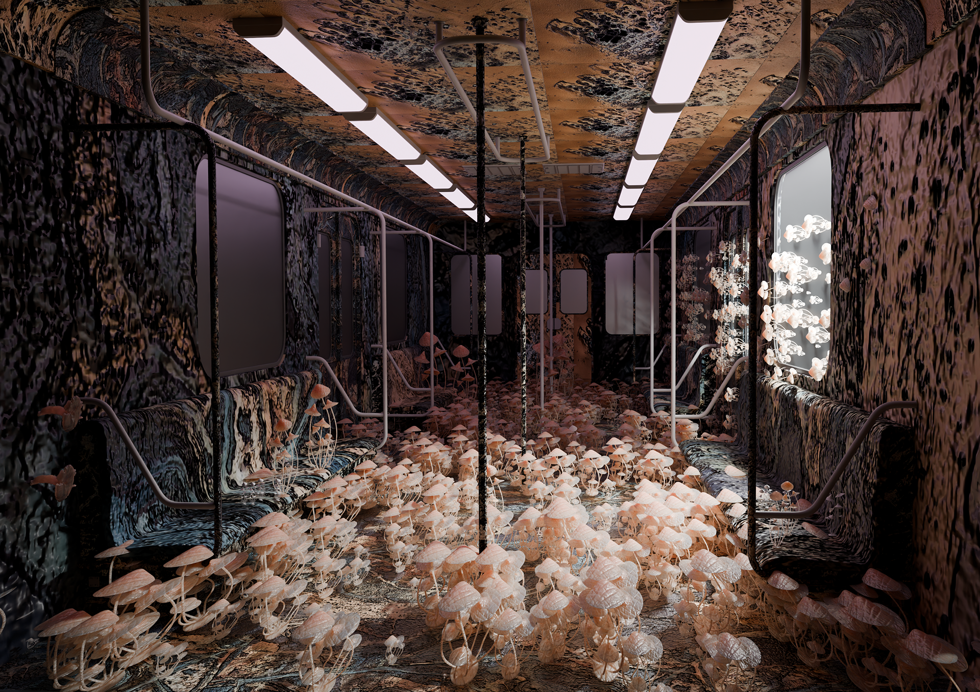 Public Body The extraction of 3TG minerals — tin, tungsten, tantalum, and gold — is fundamental to the construction of electric public transportation systems. Since moving to Europe, I have been struck by how public transportation in the Global North is distinguished not only by efficiency, but also by the care invested in its interior design and public experience. These are spaces we inhabit every day. This scene functions as a reminder that even these seemingly ordinary and collective infrastructures remain deeply connected to extractivism. ItIt reflects on the unavoidable entanglement between daily life, technological comfort, and the global systems of mineral extraction and supply chains that sustain them.