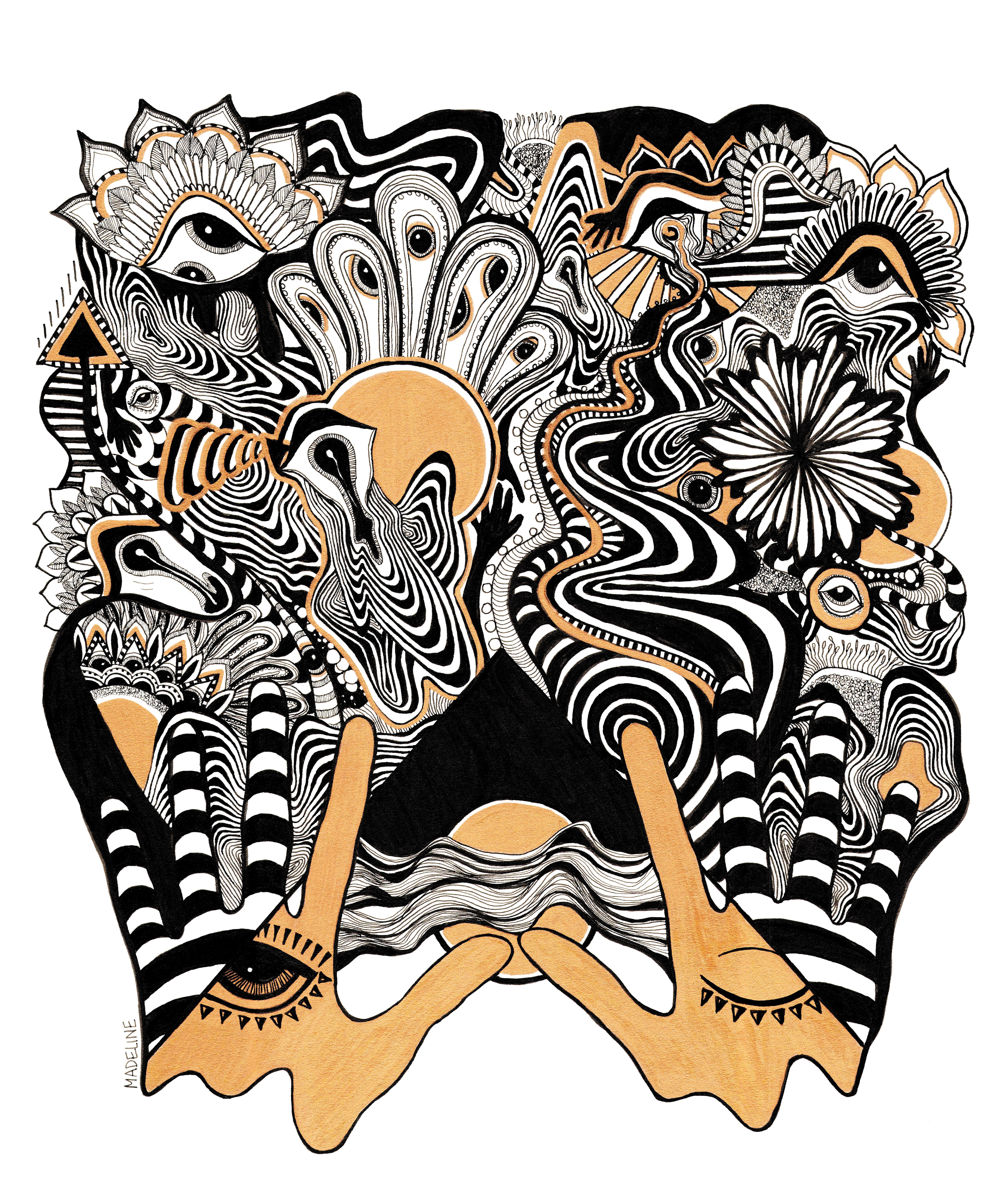 Flow State, 2024, Ink Pen & Gold Pen on 11x17 in. Paper