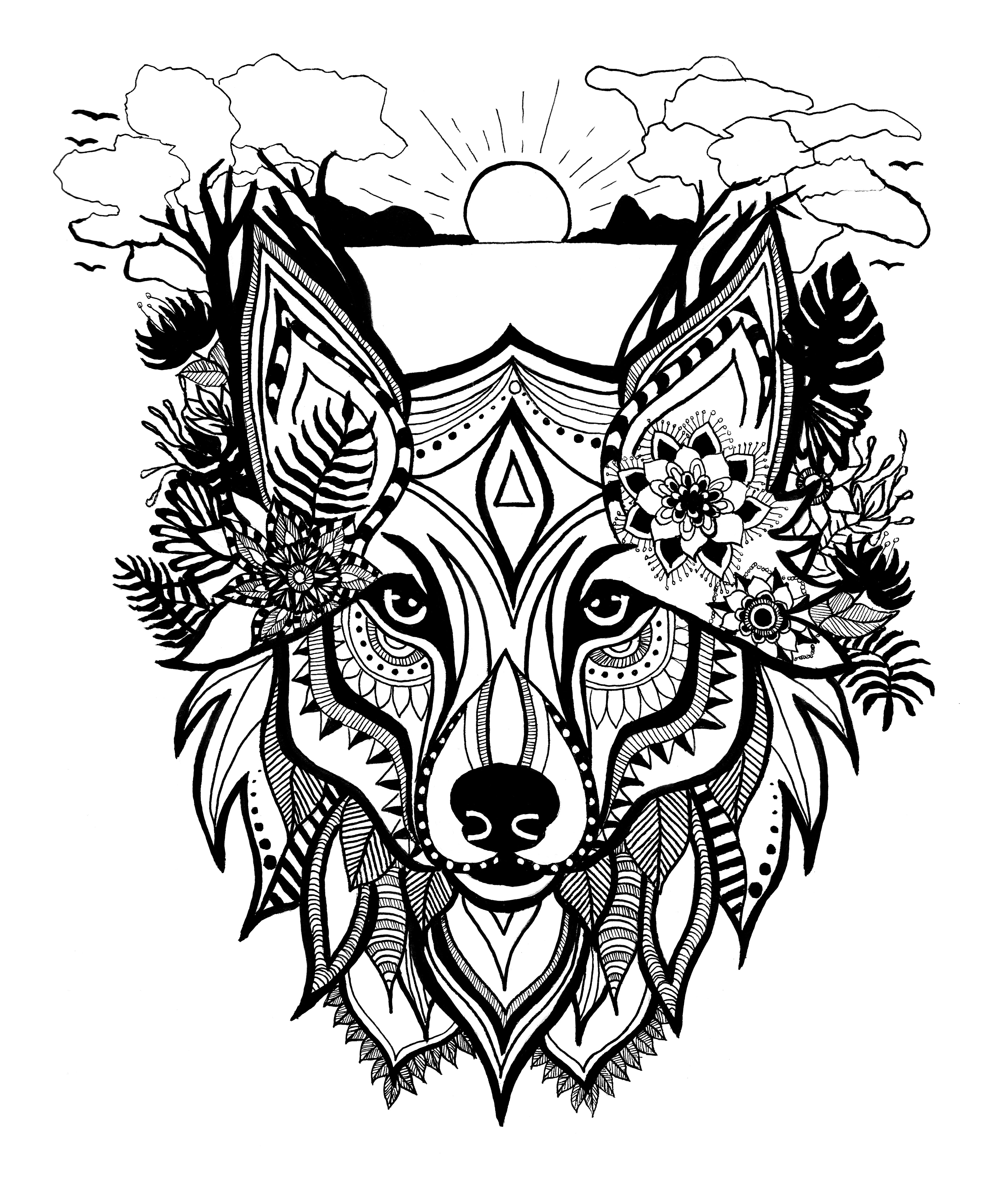 Nature Wolf Tattoo Design, 2025, Ink on Paper