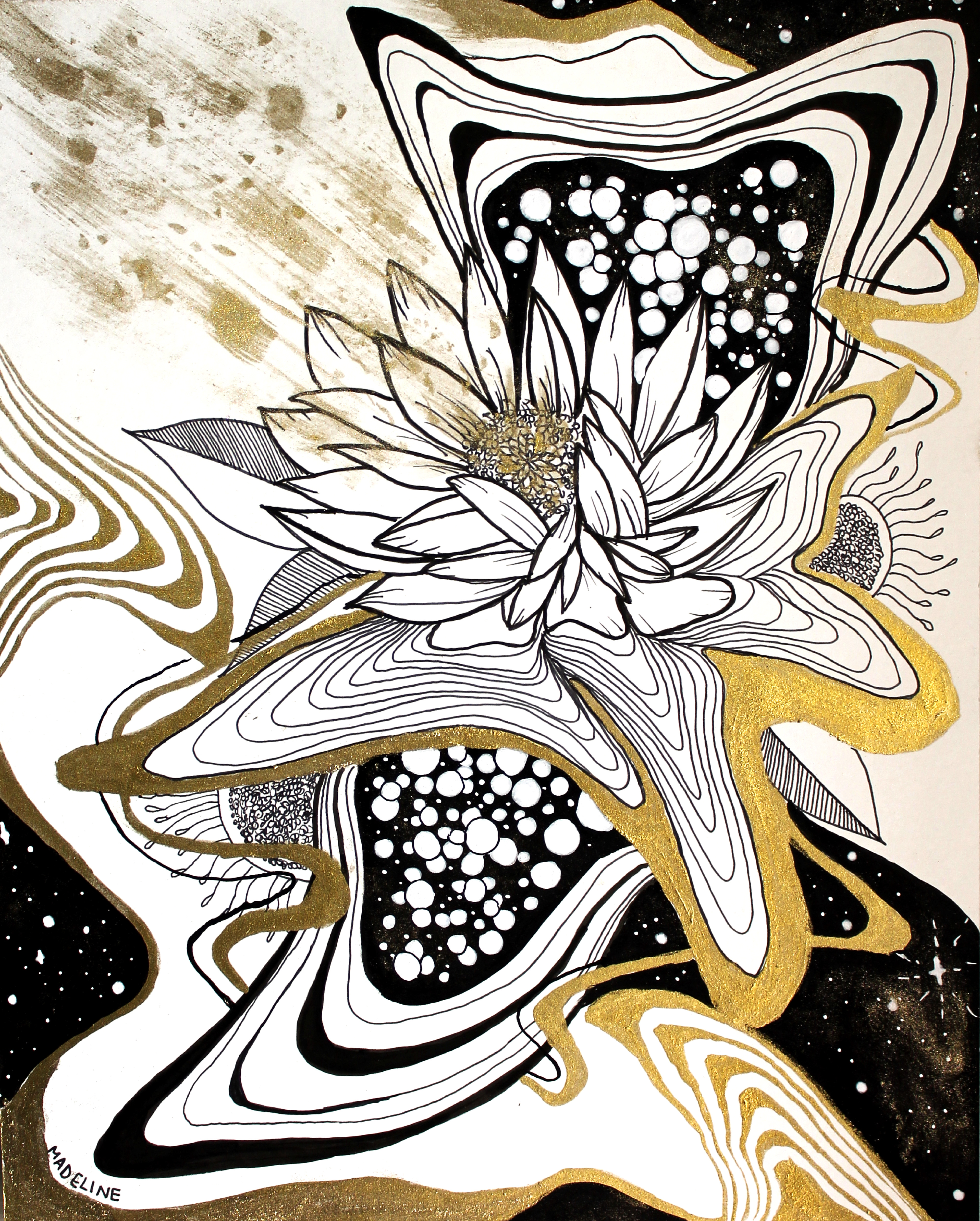 Cosmic Garden #1, 2025, Acrylic Ink, Watercolor, and Pen on 8x10 Hot Press Paper