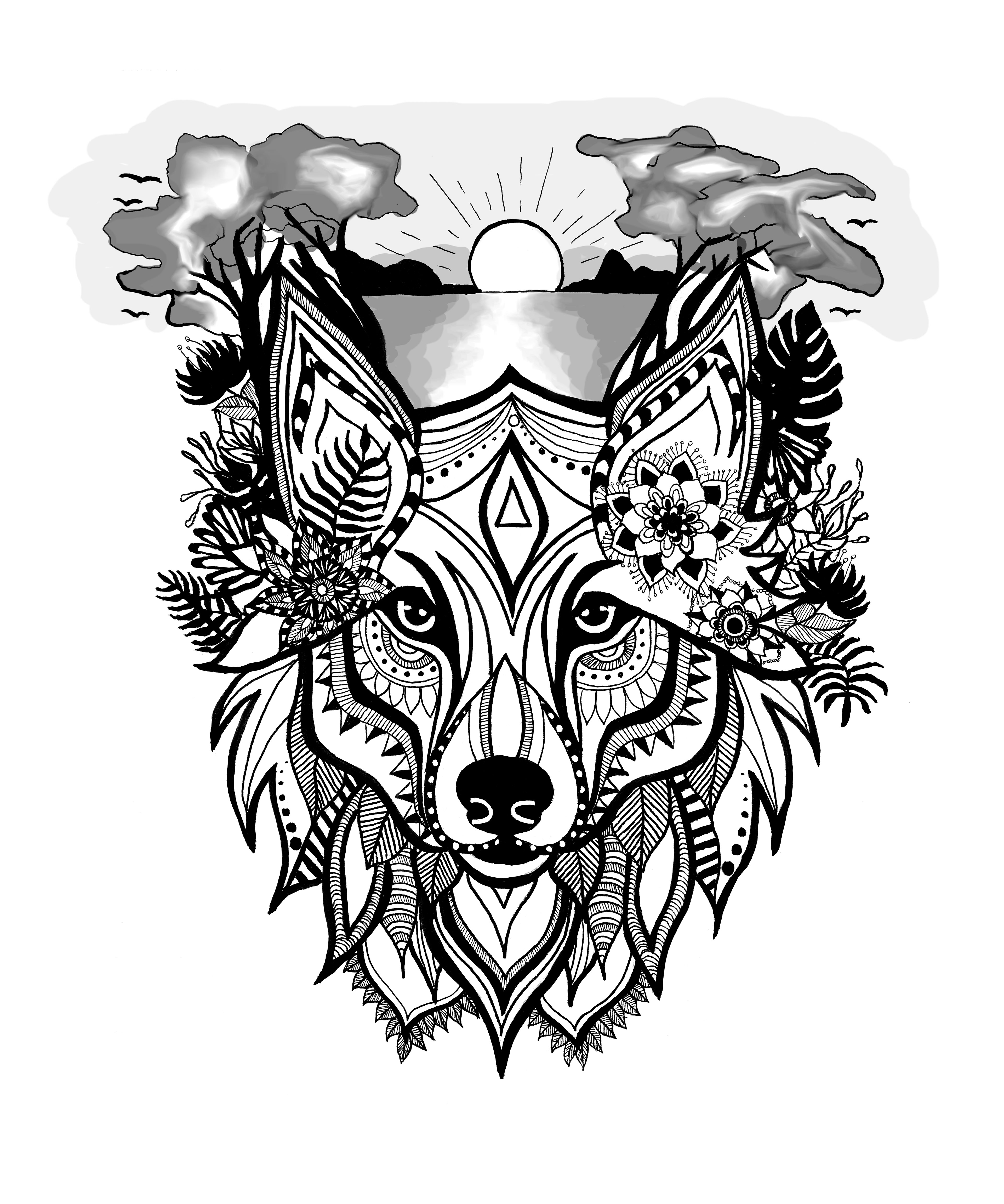 Nature Wolf Shaded Tattoo Design, 2025, Ink on Paper, Digital Shading
