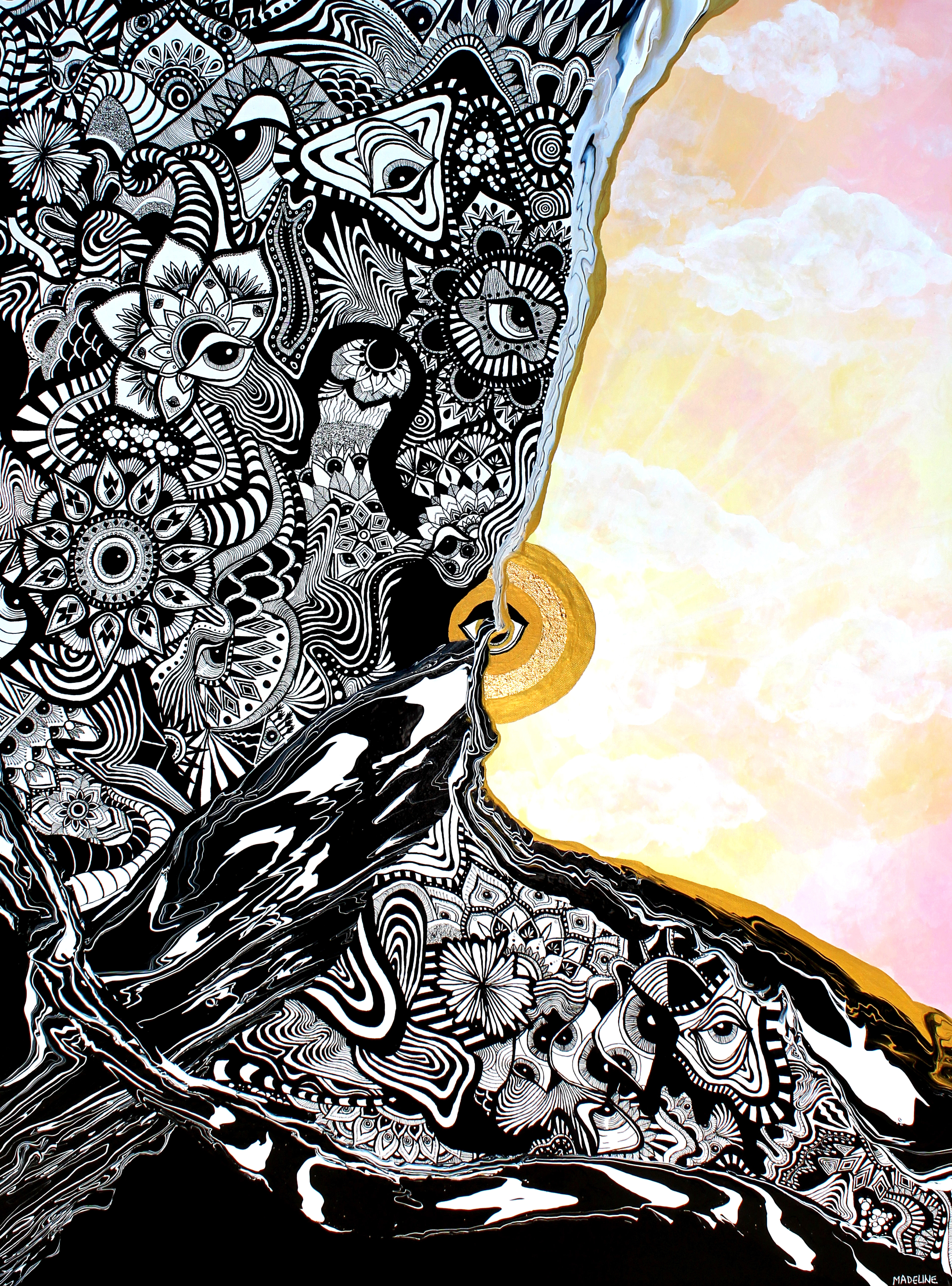 Duality, 2024, Acrylic Ink, Ink Pen, Gold Leaf, & Acrylic on 30x40 in. Canvas