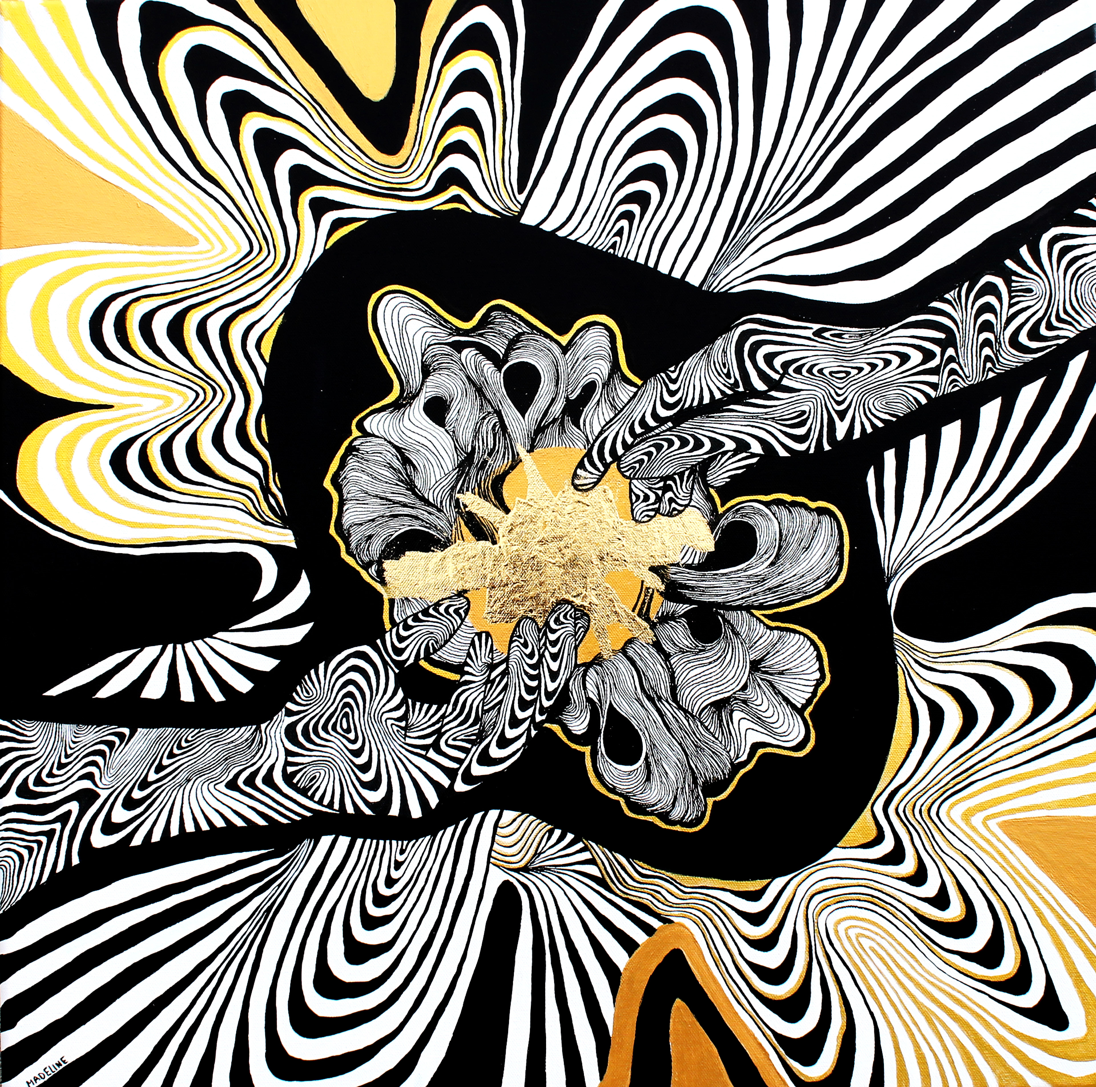 Connection, 2024, Acrylic Ink, Ink Pen, Gold Leaf, Acrylic, and Watercolor on 24x24 in. Canvas