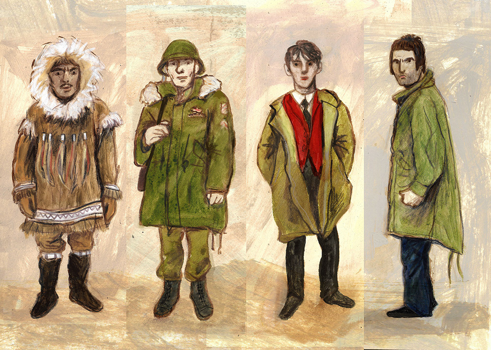 The History of the Parka Coat - from the indigenous peoples of the Arctic to Brit Pop (via the US Army and the Mod scene). Central fold-out  illustration. 