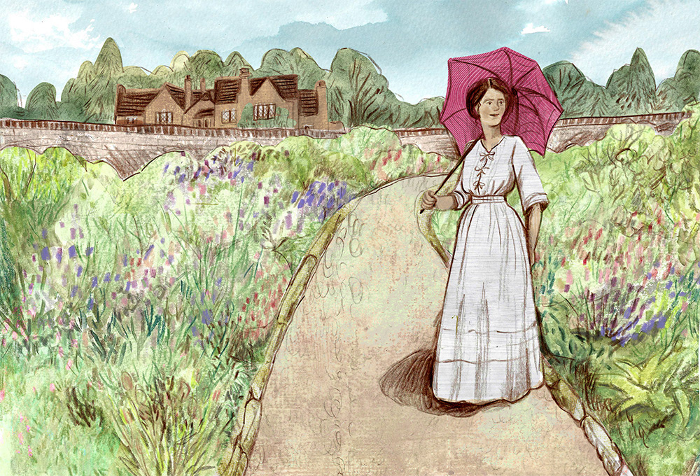 An Edwardian garden. Mixed media illustration.