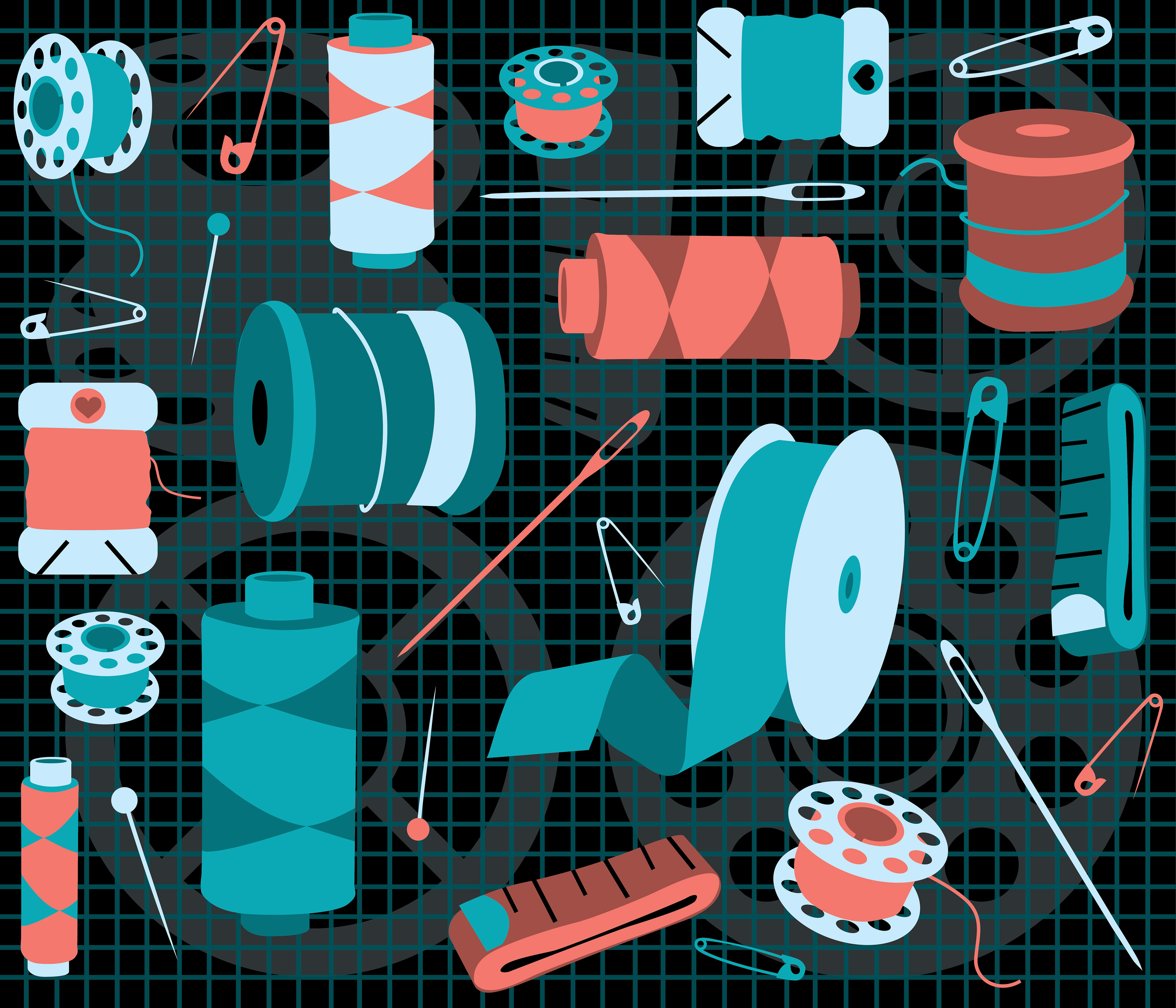 Collection of sewing-themed designs for Spoonflower.