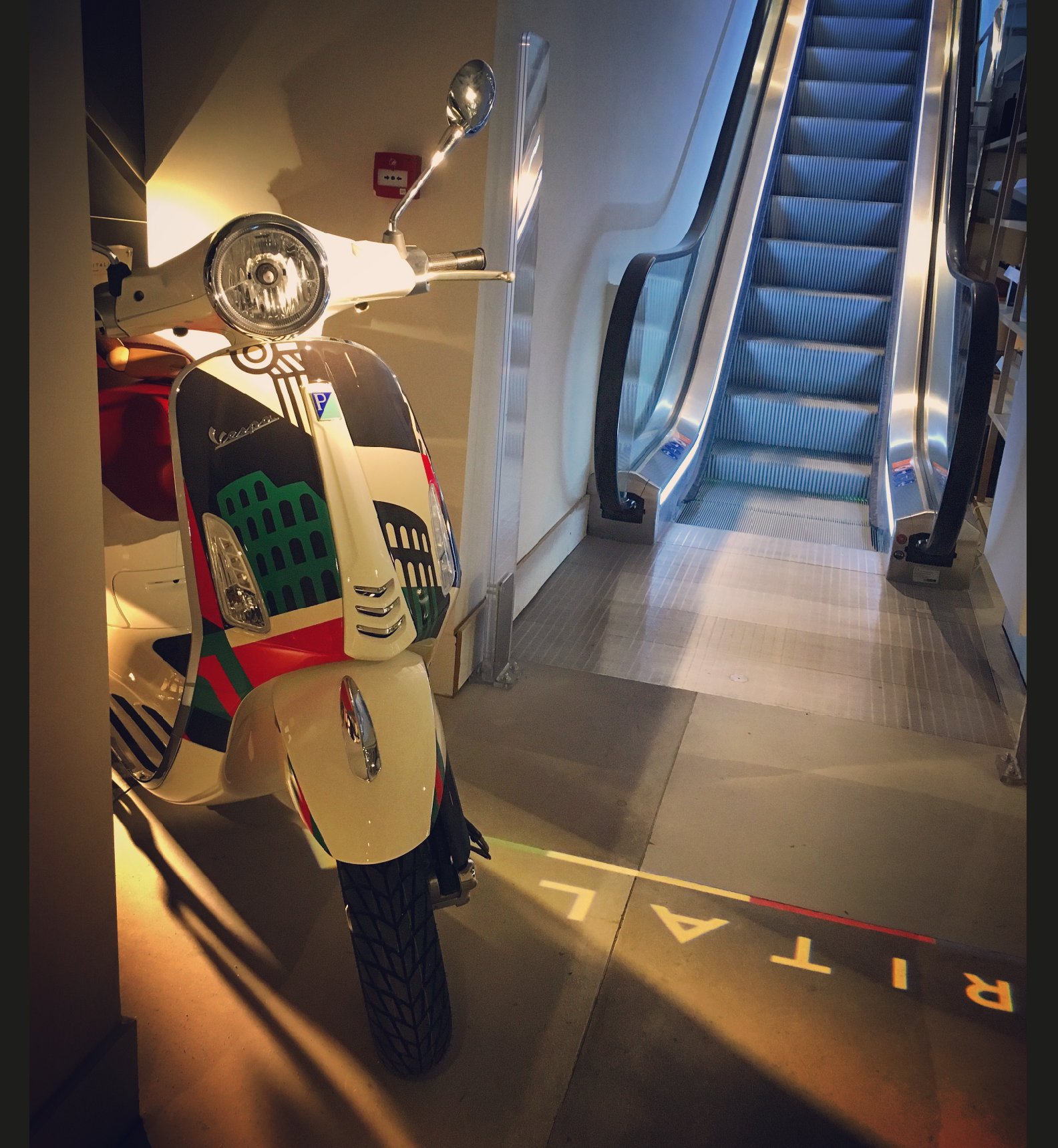 The design was featured on a Vespa in the Menswear department.