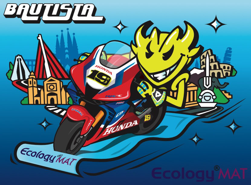 Mat design celebrating the 5 year partnership between Alvaro and EcologyMat, featuring Spanish and Italian landmarks