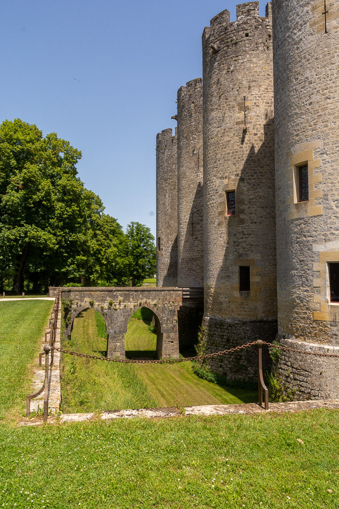The front entrance bridge over the moat with the drawbridge lowered in place.