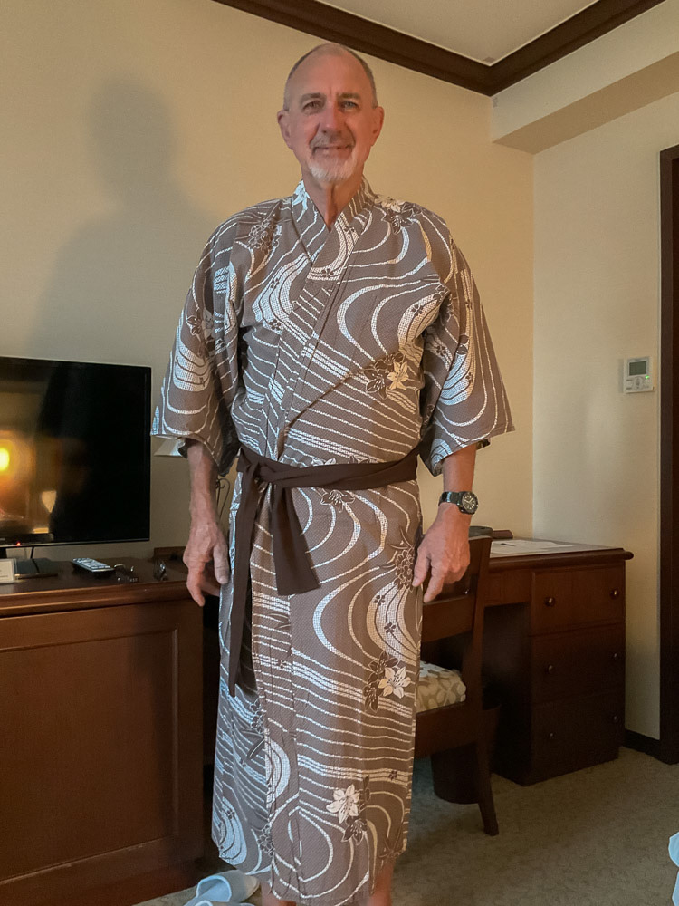 Suitably attired and about to partake the pleasures of the spa's onsen facilities.