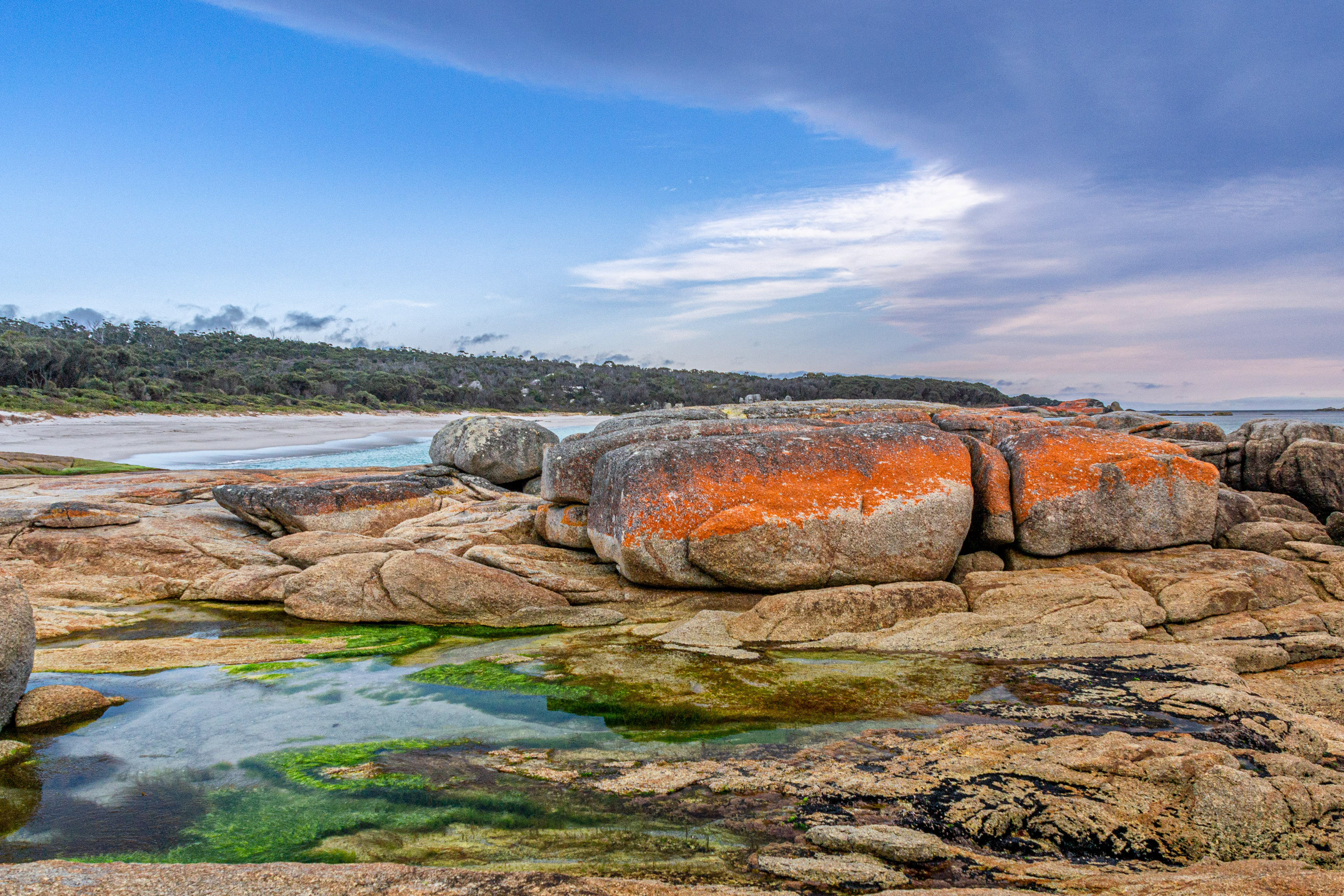Rock pool gardens framed by fiery granite boulders.