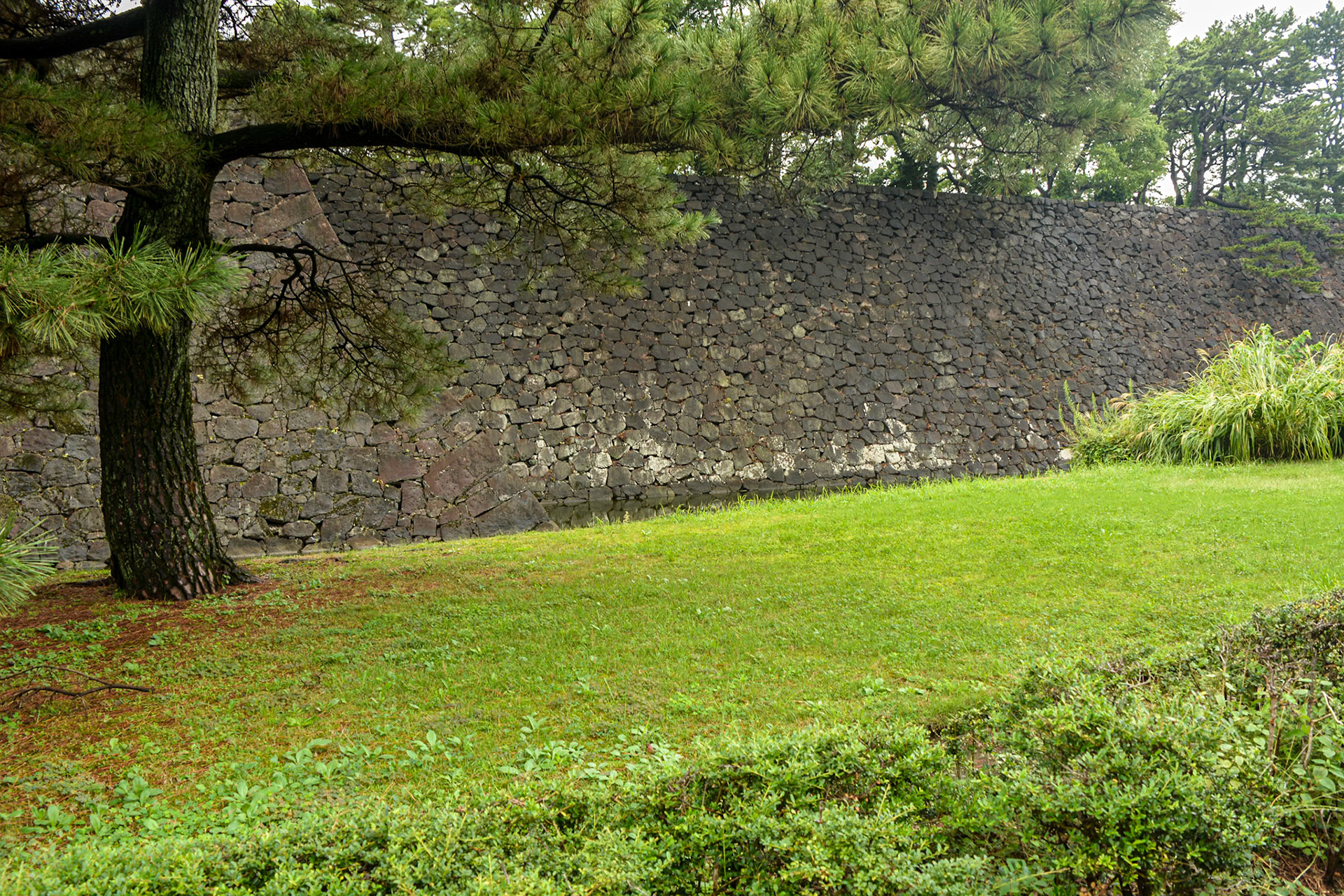 Imperial Palace East Gardens and the restored stonewalls which were part of the foundation platform for the Honmaru and Ninomaru during the Edo period.