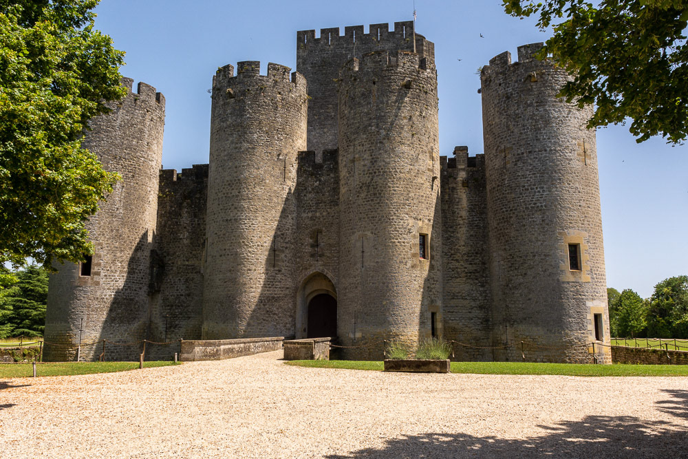 Roquetaillade Castle - The castle is square in plan with six towers and a central keep. The entire structure was restored and transformed between 1860 and 1870.