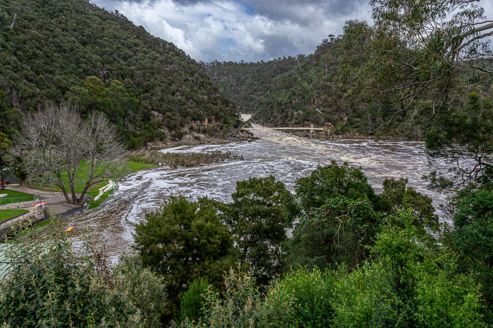 Cataract Gorge in flood. The First Basin is inundated by floodwaters.