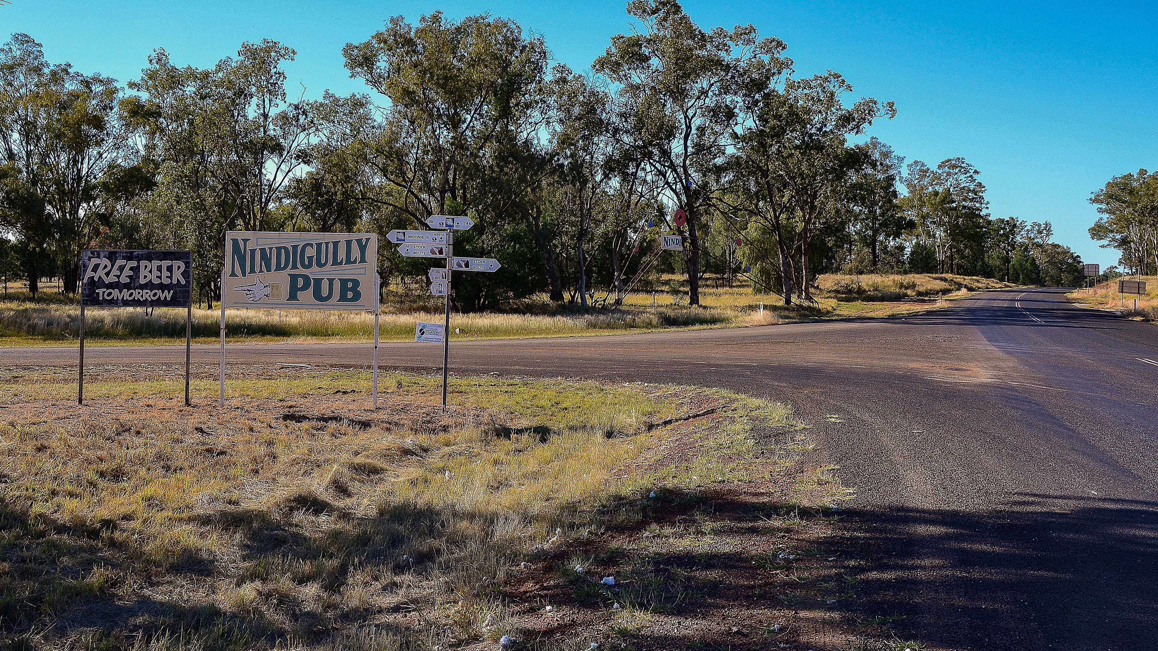 Nindigully Pub - the sign entices us in.