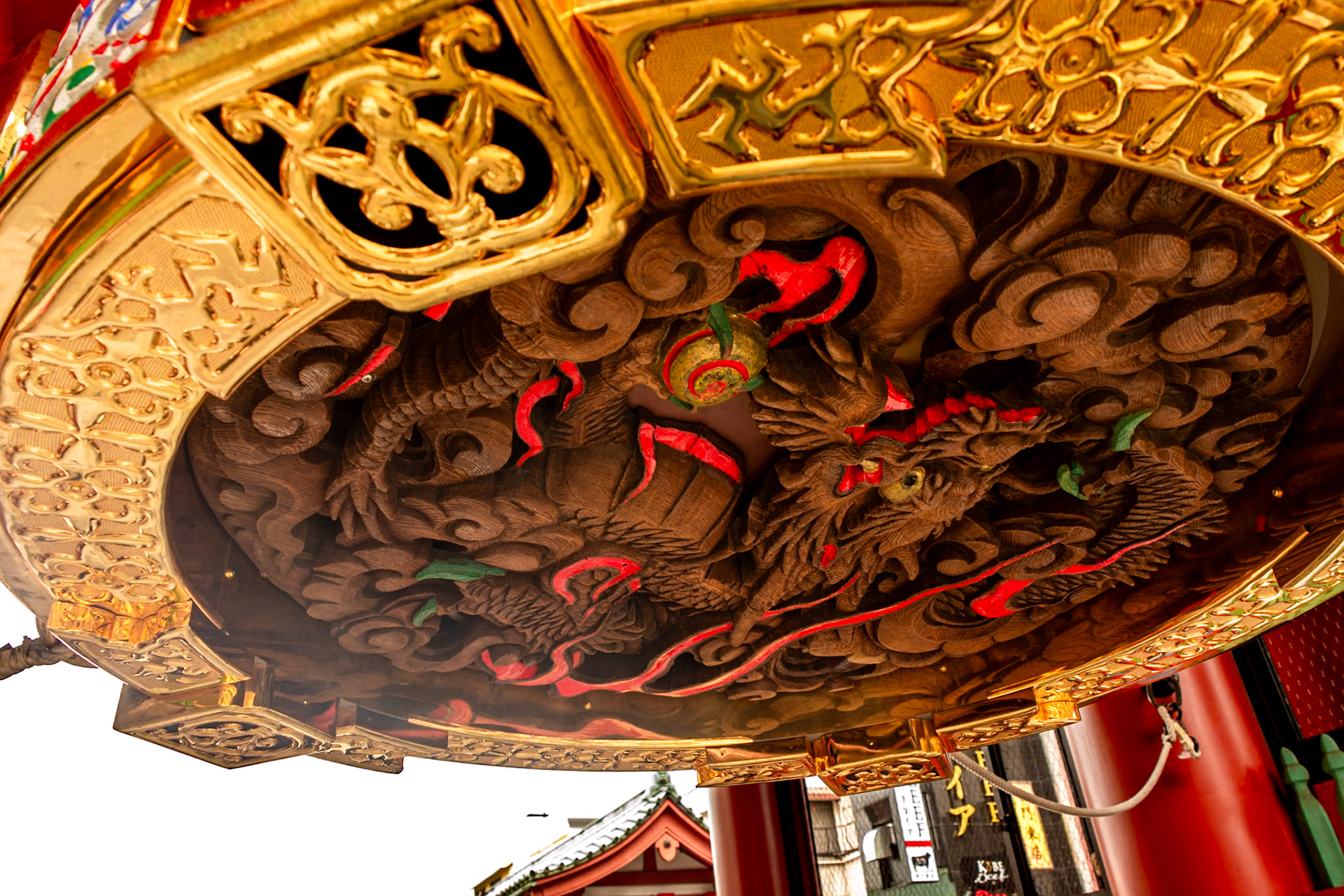 On the underside of the 3.9m high paper lantern is an impressive dragon carved in timber.