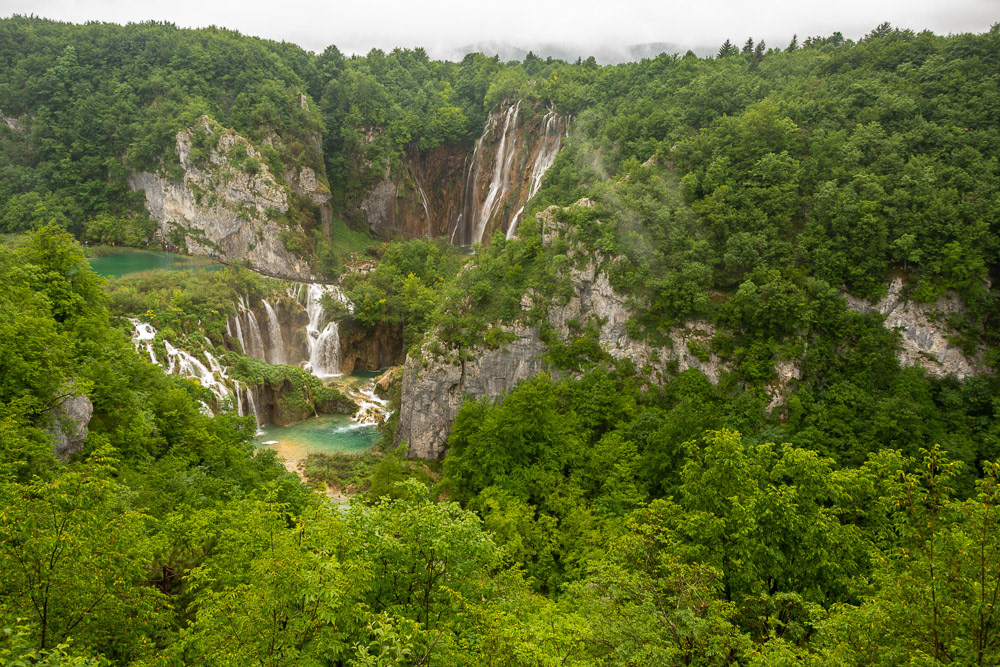 Our first glimse of Plitvice Lakes and even on an overcast and rainy day the view is spectacular.