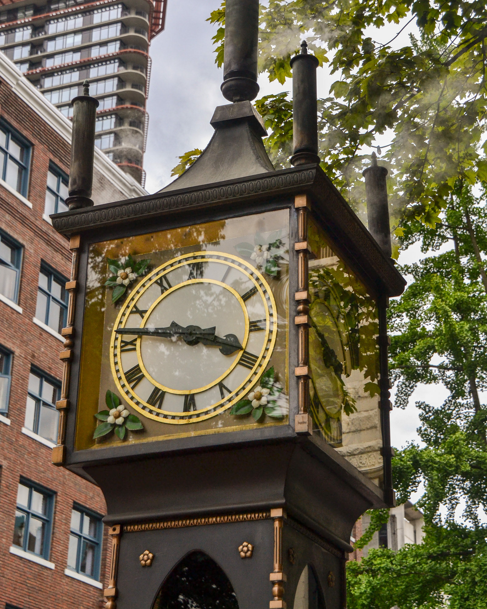 Steam hisses as whistles produce Westminster "chime" and to signal the time every 15 minutes.