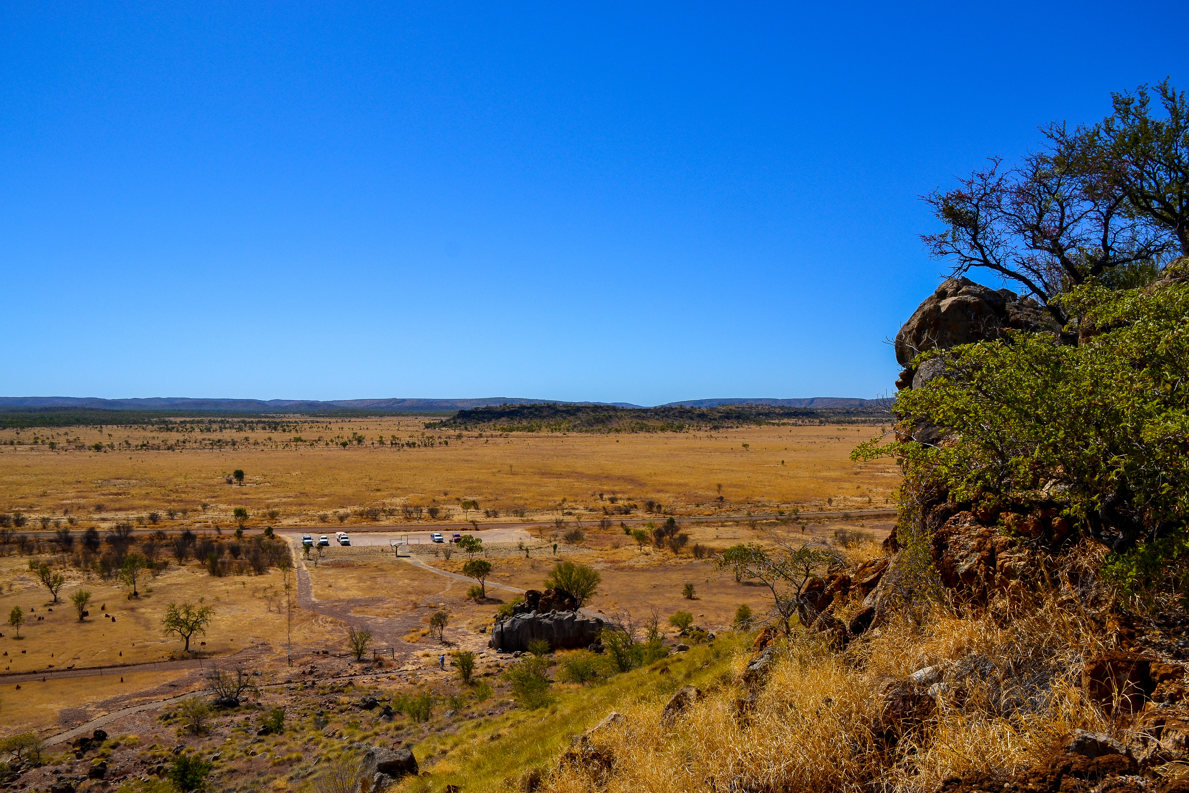 The view eastwards from the hill above the Information Centre, mid-foreground (looks like a boulder) gives an idea of the vast open savanna wilderness.